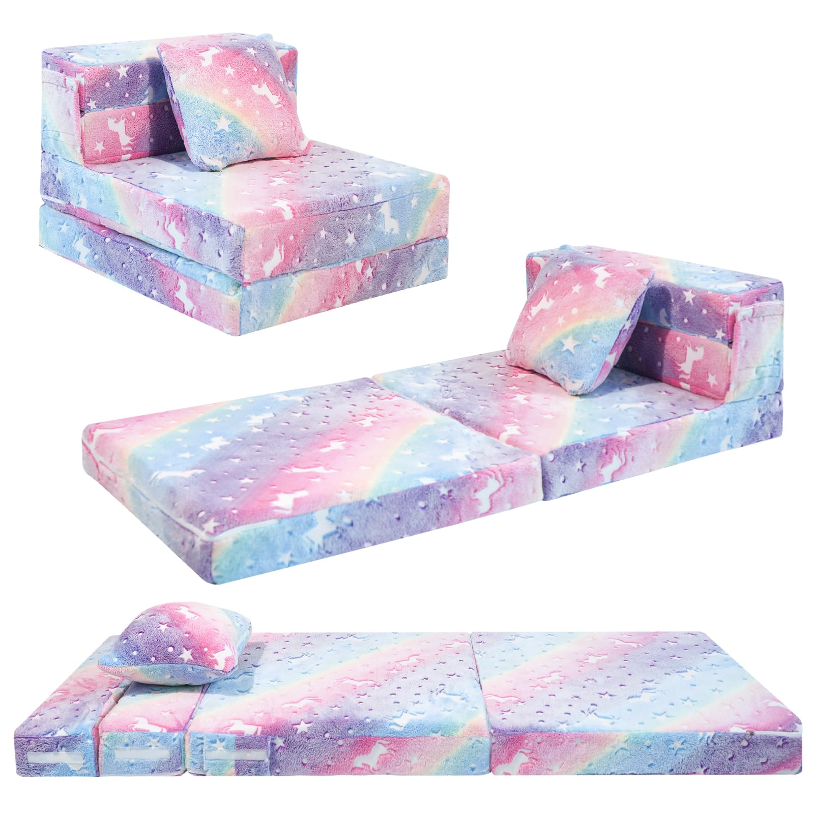 MeMoreCool Glow Rainbow Unicorn Tri-Fold Sofa Bed for Kids, Foldable Futon Mattress, Chair, and Floor Couch for Playroom