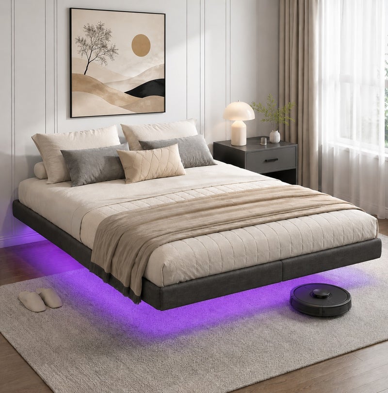Yanara Floating Bed Frame with Wrapped Perimeter and LED Lighting, Metal Platform Bed in Twin/Queen/King Size with Under