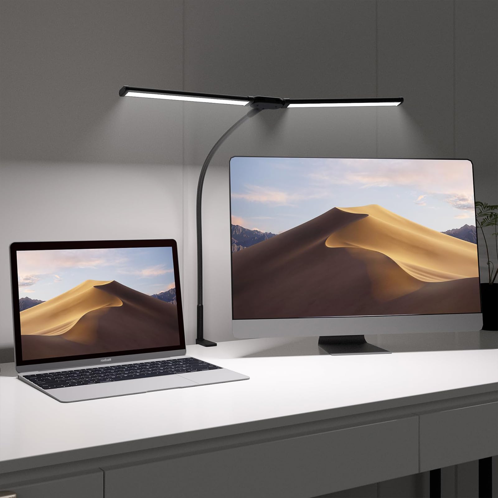 Necomi LED Desk Lamp Clip on Desk Light, 180° Adjustable Double Head Architect Light with Clamp, 360° Flexible Metal Goo