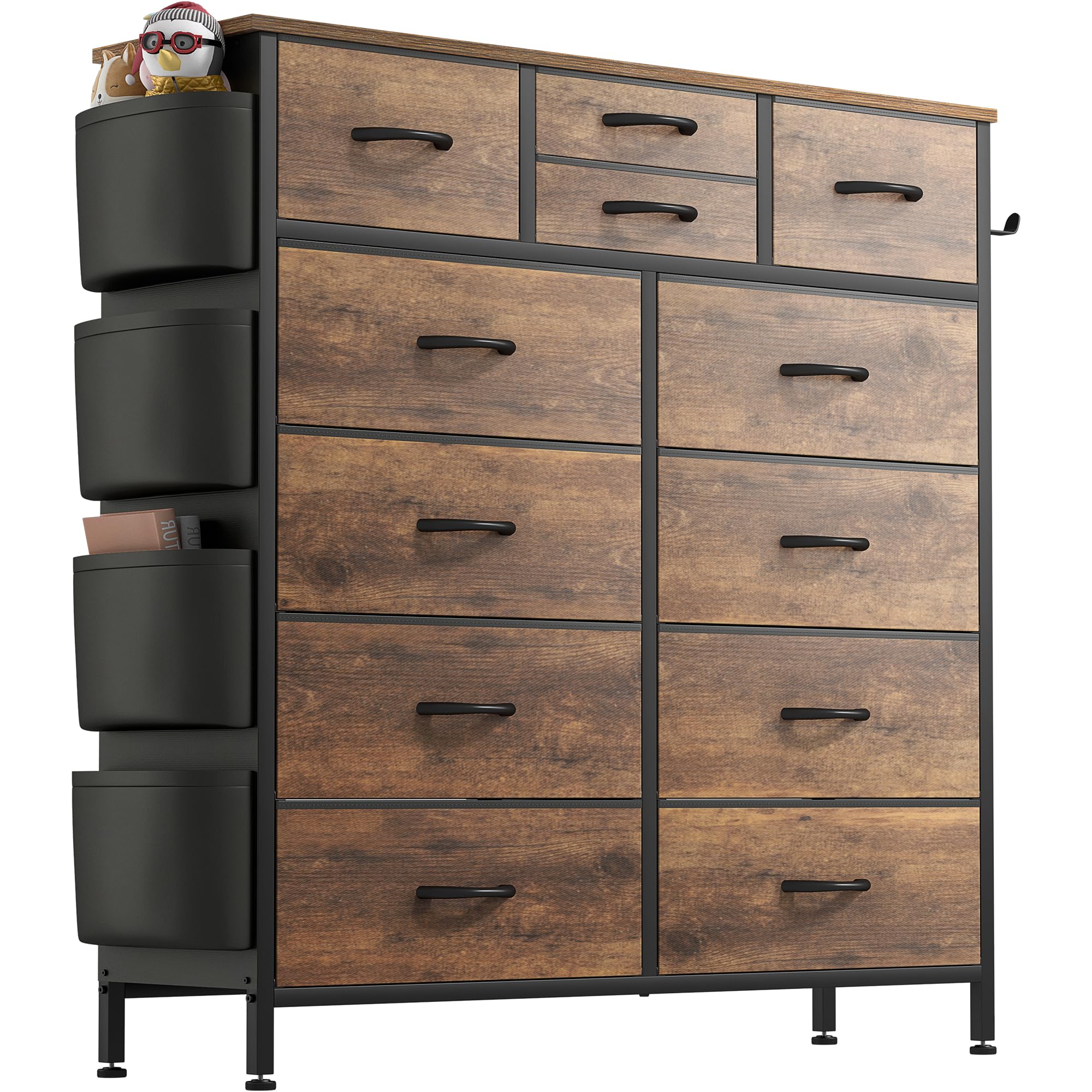 Chest of Drawers Bedroom, 12 Fabric Drawers Dresser with Side Pockets and Hooks, Wooden Top and Meta