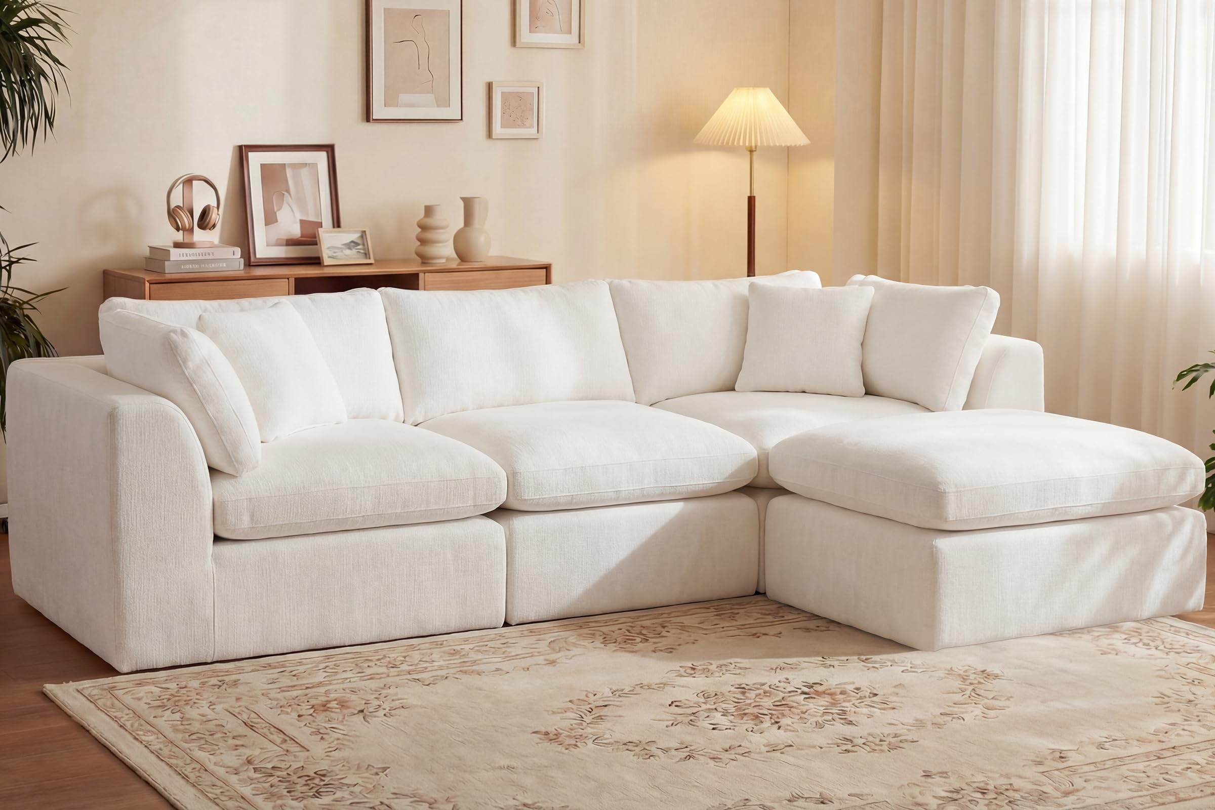 GRUSIGN 110'' Oversized Boneless Cloud Couch for Living Room, Modern Big Sectional Compressed L Shape Couch with Ottoman