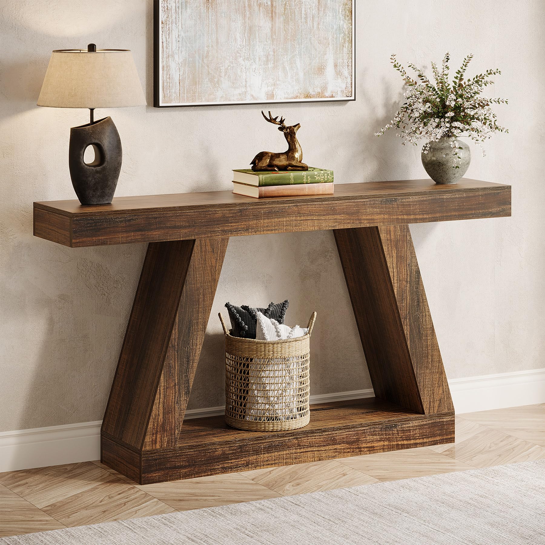 Tribesigns Farmhouse Console Table, 55-Inch Rustic Sofa Table with Storage, Industrial Wooden Entryway Table for Hallway