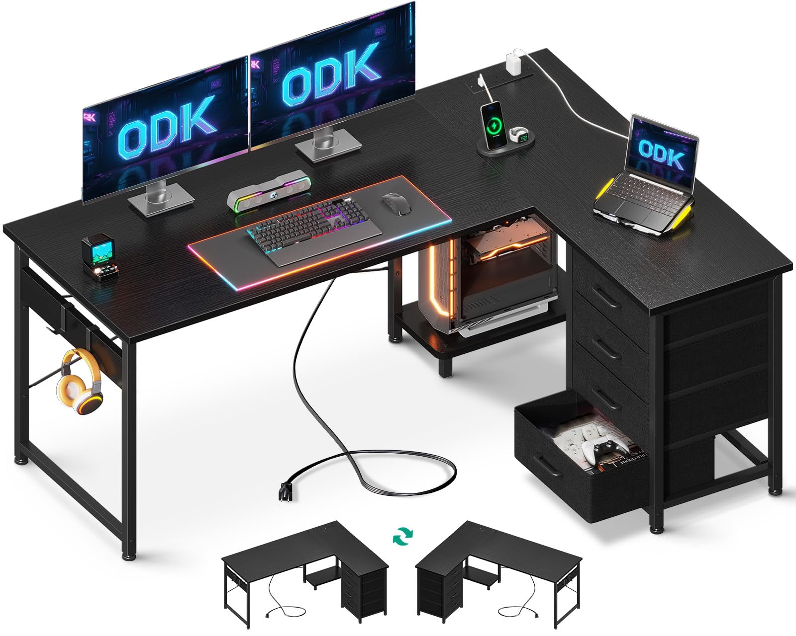 ODK Corner Desk with Drawers, Reversible L Shaped Computer Desk with Power Outlet, Office Desks with USB Charging Port a