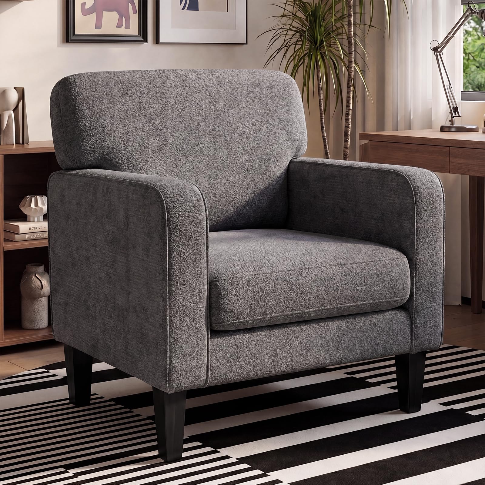 DUMOS Dark Grey Modern Accent Chairs for Living Room, Corner Chairs for Adults, Reading Armchair with Armrest and Backre