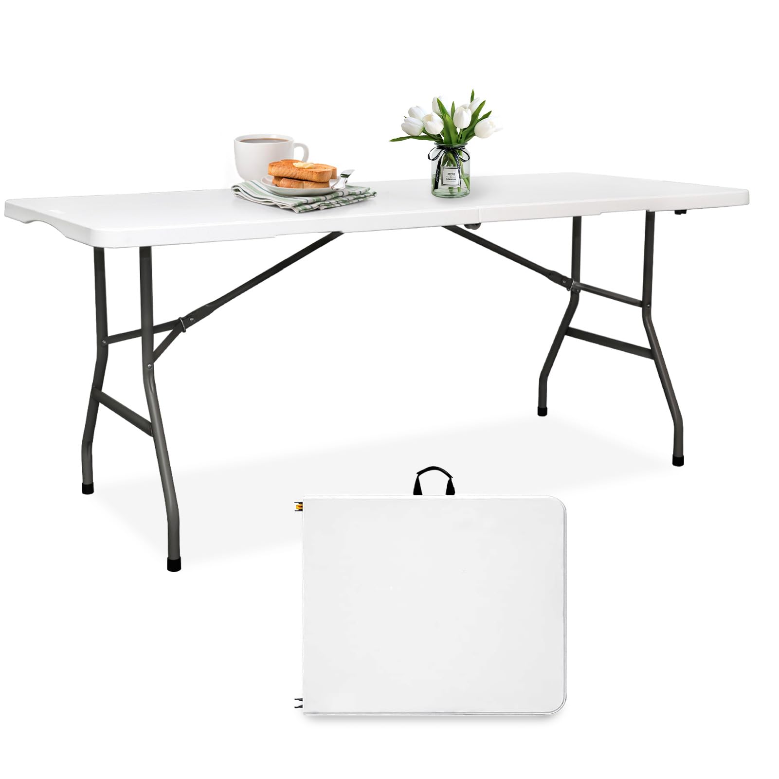 pollilar 6FT Folding Table Plastic 6 Foot Foldable Table HDPE Portable Banquet Surface Fold-in-Half 