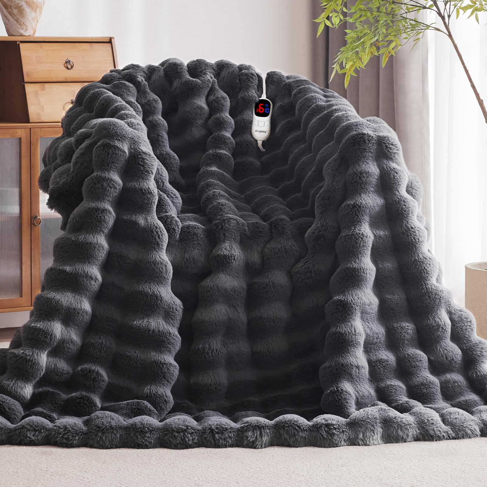 Anysay Heated Blanket Throw with 1/2/4/6/8 Hours Auto-Off 10 Heat Level, 50'' * 60'' Cozy Faux Rabbi