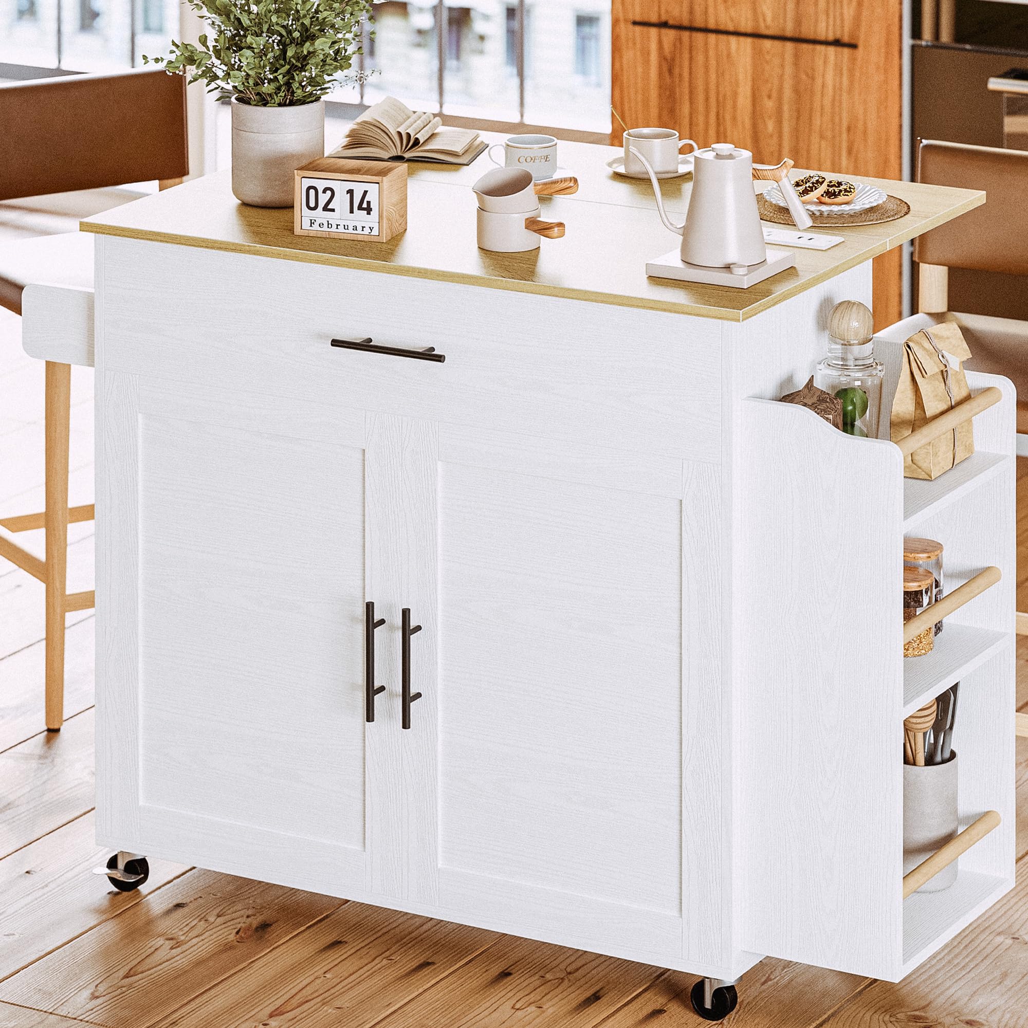 IRONCK Kitchen Island with Storage, Rolling Kitchen Island on Wheels with Drop Leaf, 3 Open Spice Ra