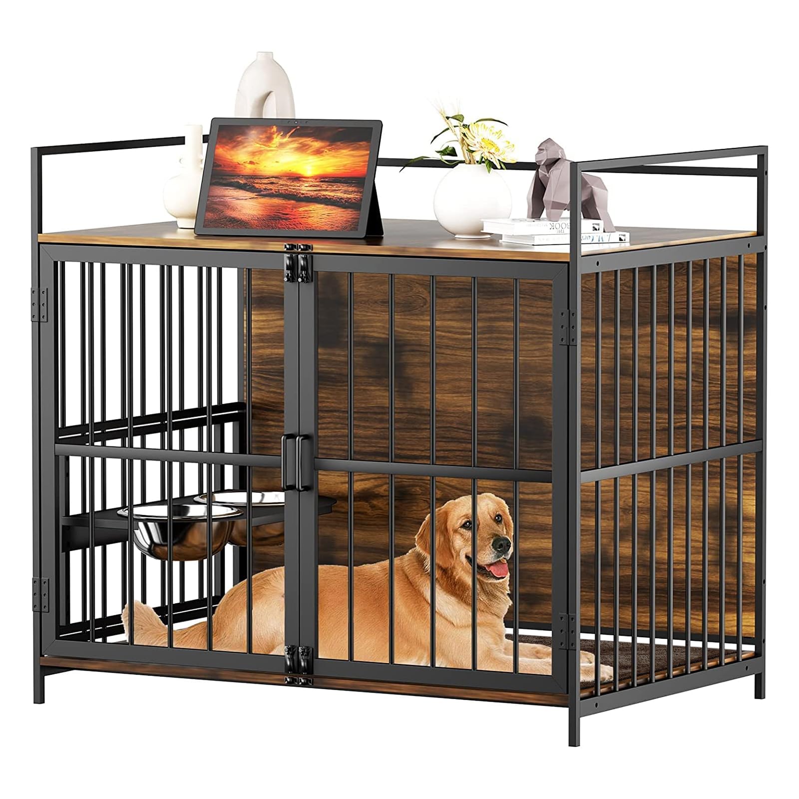 ROOMTEC Furniture Style Large Dog Crate with 360° & Adjustable Raised Feeder for Dogs 2 Stainless Steel Bowls -End Table