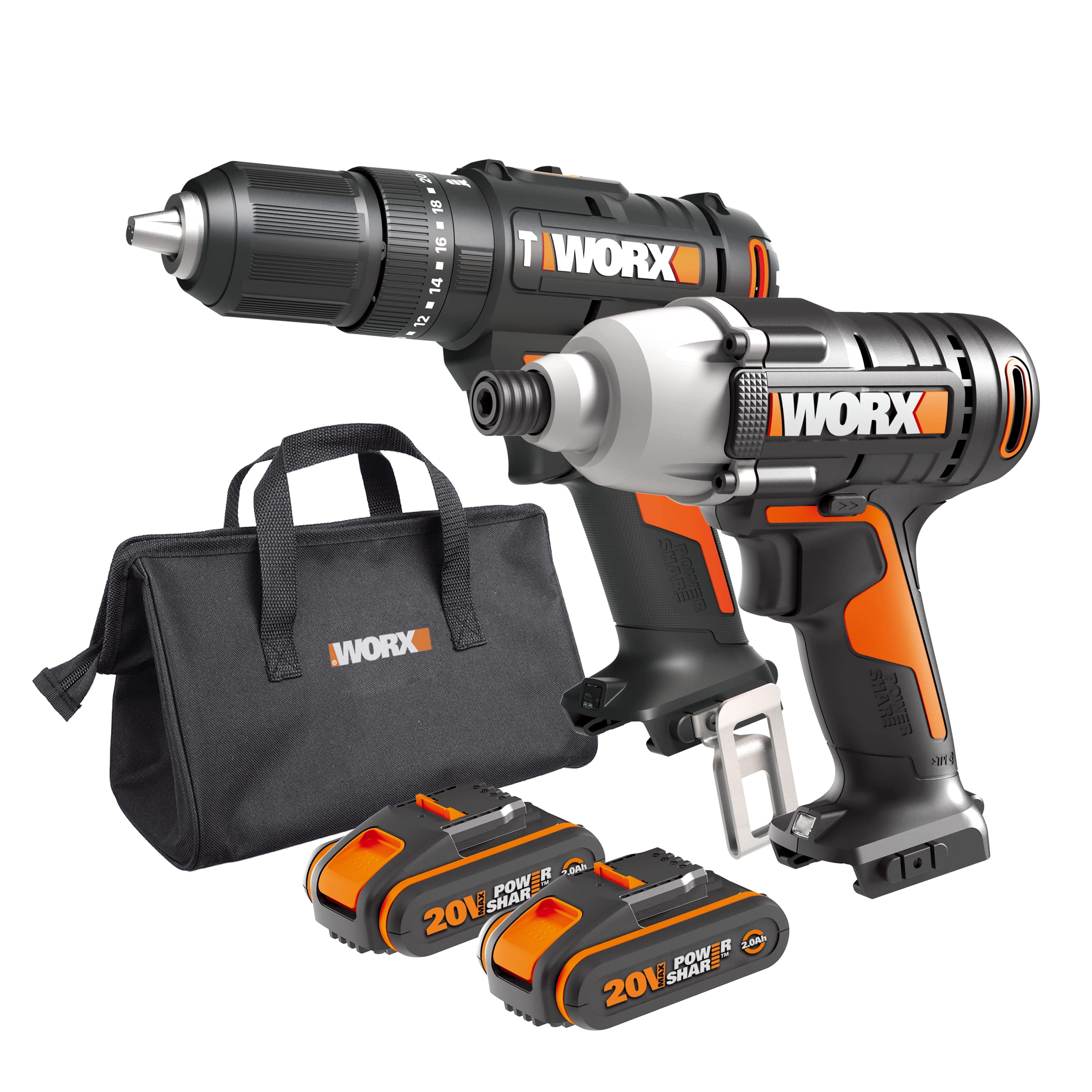 Worx WX902 20V PowerShare Cordless Combi Drill & Impact Driver Kit with 2X 2.0Ah Batteries, Charger & Bag – 50Nm Hammer