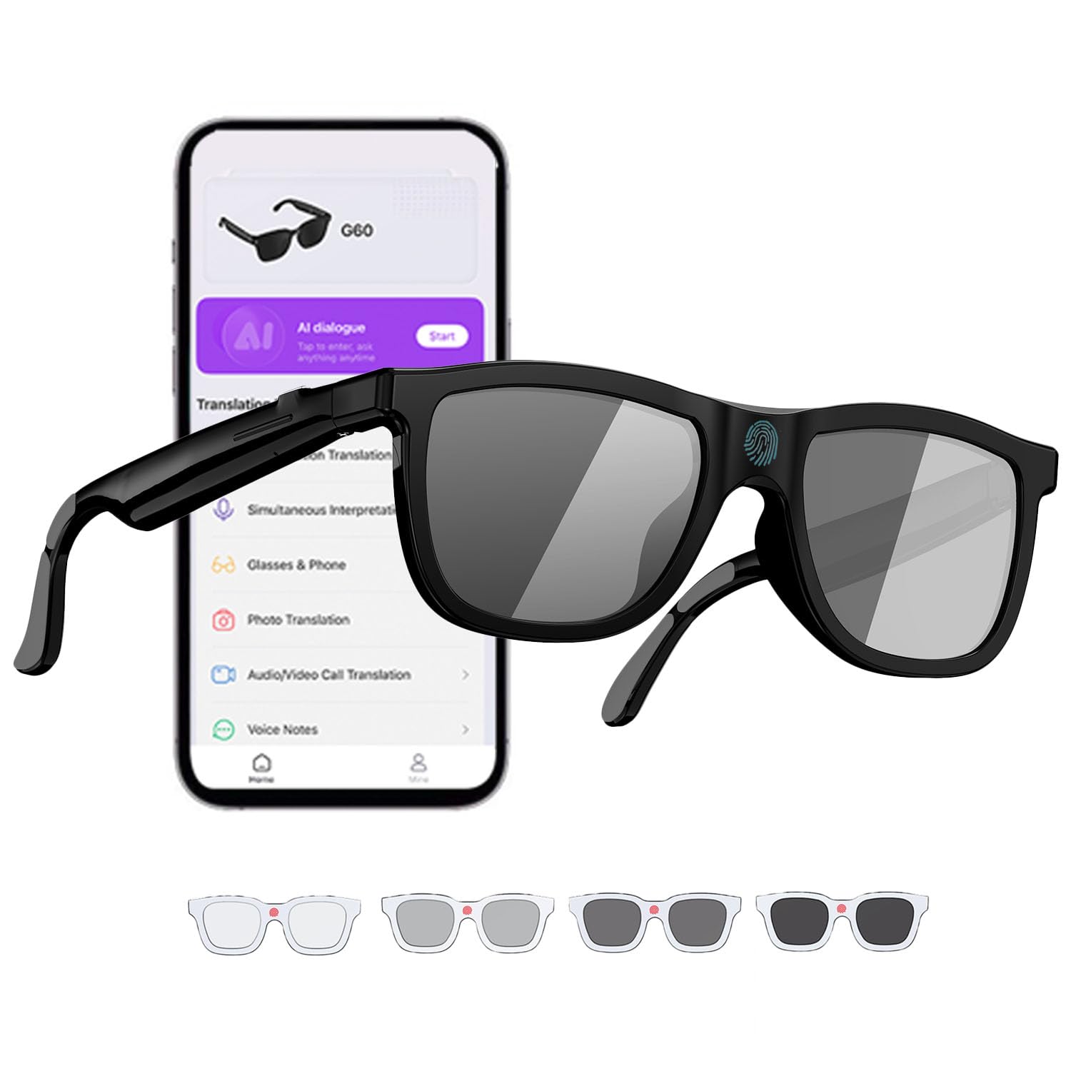 Electrochromic AI Glasses for Men & Women, Bluetooth Smart Glasses Powered by ChatGPT, AI Real-time Translation with 164
