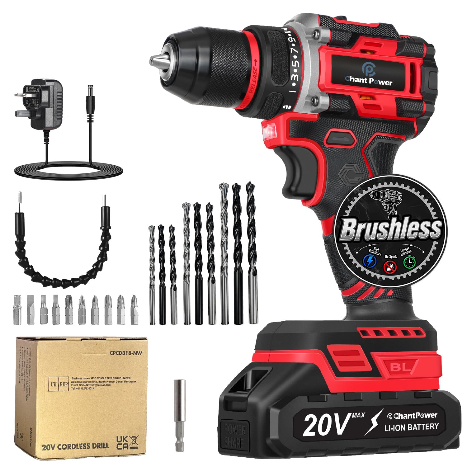 C P CHANTPOWER 40Nm Brushless Cordless Drill Set, 20V Power Drill Driver Kit with 2.0Ah Battery and Charger, 10mm Metal