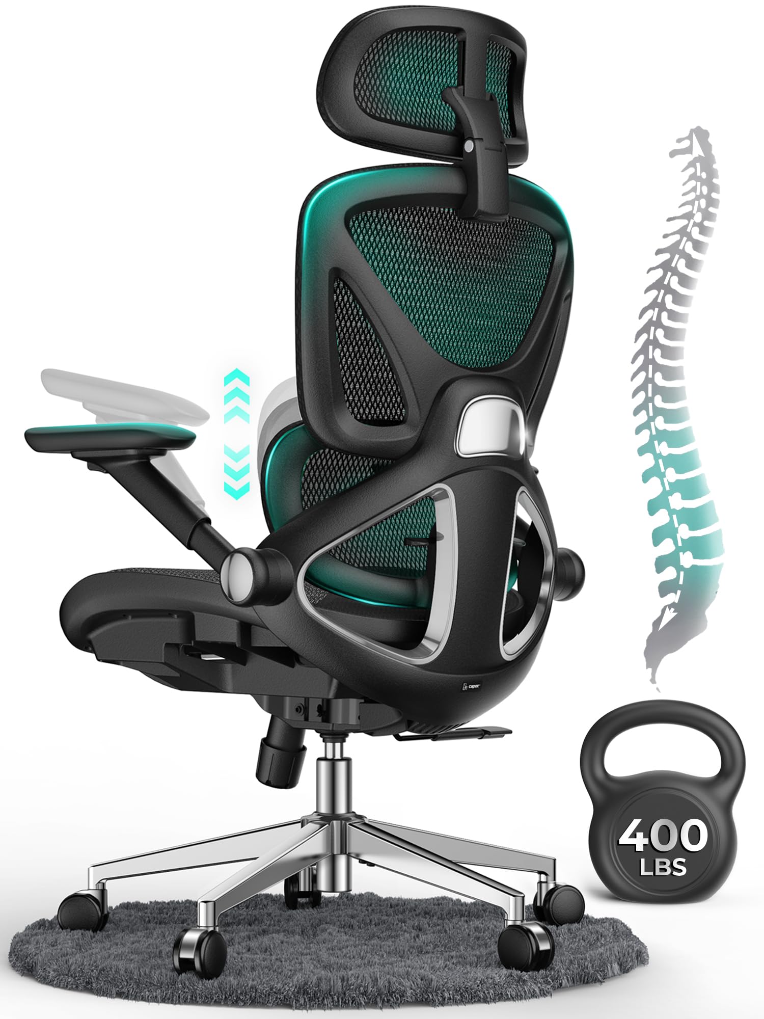 CAPOT Ergonomic Mesh Office Chair, Adjustable Lumbar High Back Desk Chair 400lbs, 4D Flip-up Arms, 3-Level Tilt Backrest