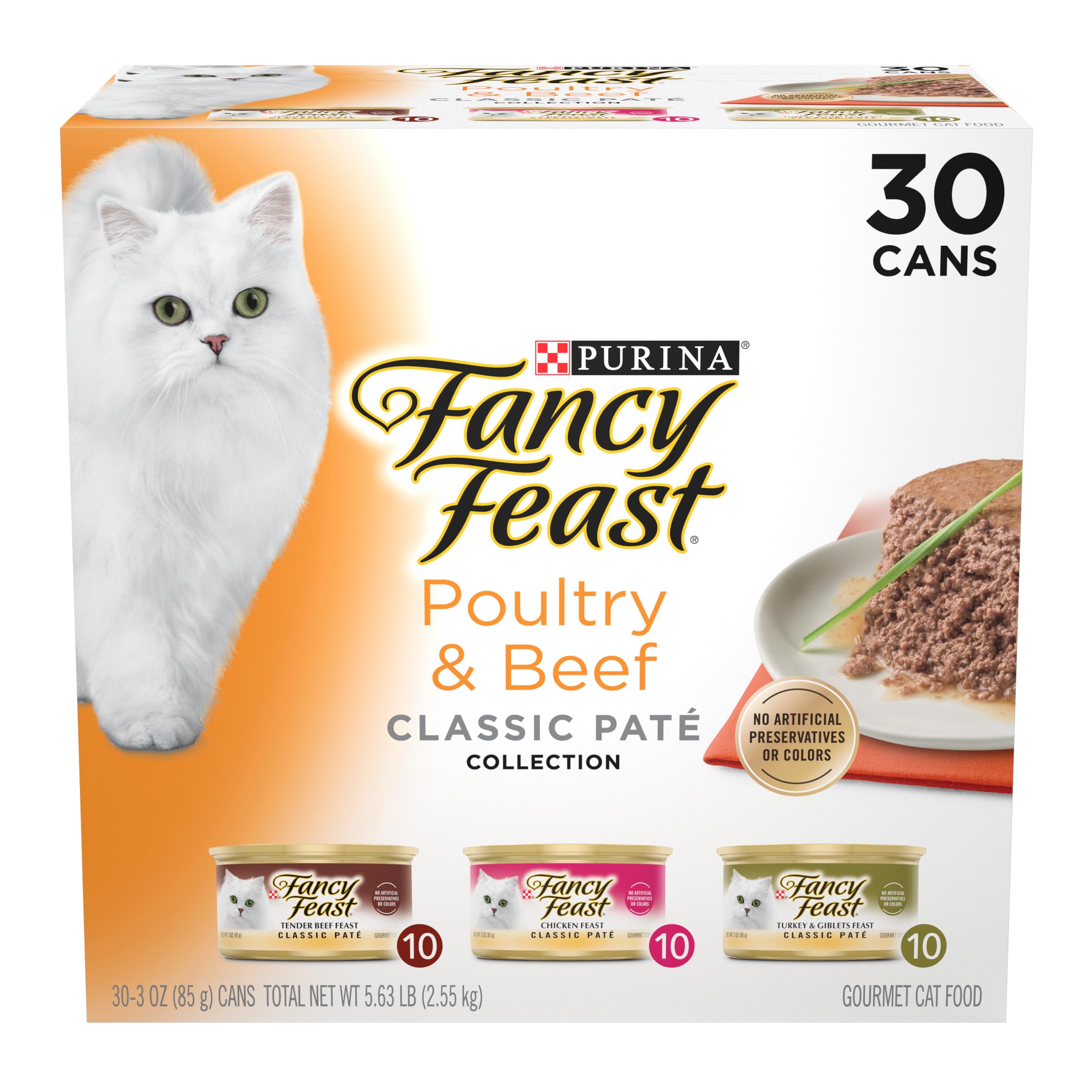 Fancy Feast Poultry and Beef Feast Classic Pate Collection Grain Free Wet Cat Food Variety Pack - (Pack of 30) 3 oz. Can