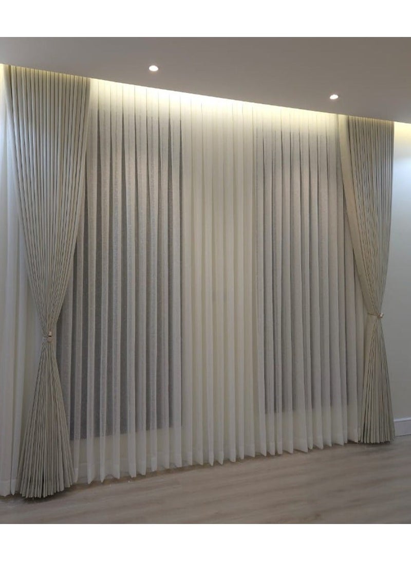 Elegant Off White Wavy Curtains Dual Layer Sheer Chiffon & 100% Blackout Complete Curtain Set with Tracks & Accessories