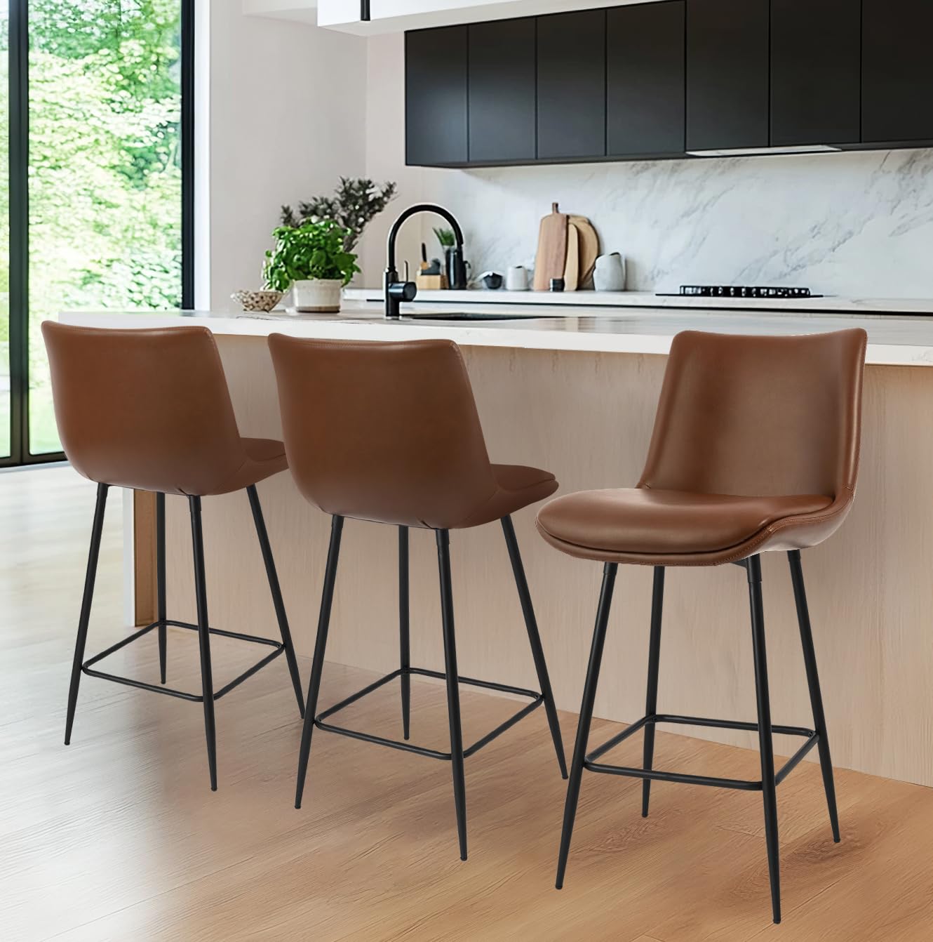 Counter Height Bar Stools Set of 3, FSC Certified Upholstered Faux Leather Barstools with Back, Metal Base, 27
