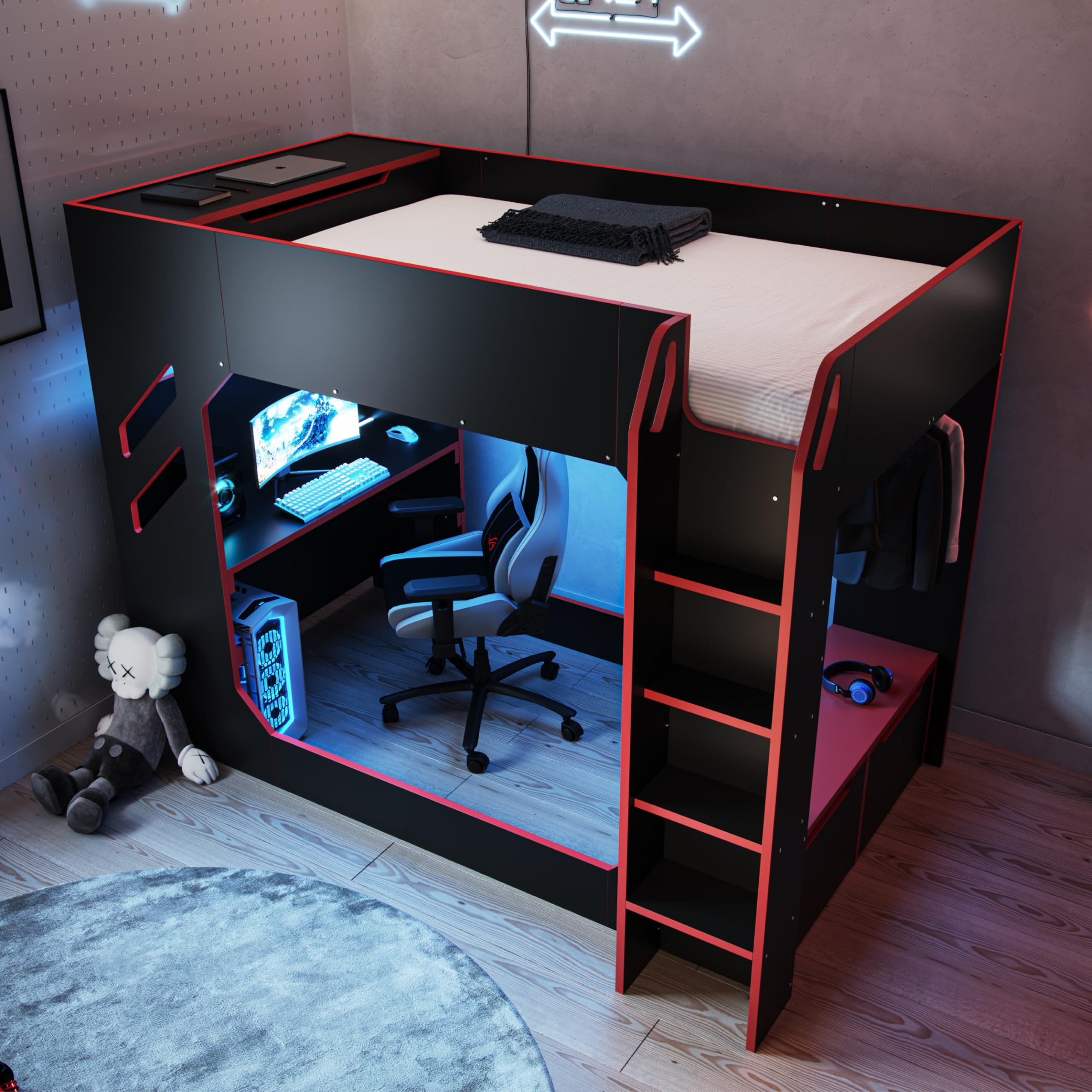 Flair Furnishings Recoil - Small Double High Sleeper Bed for Kids, Gaming Bed with Desk and LED Lighting, Heavy Duty and