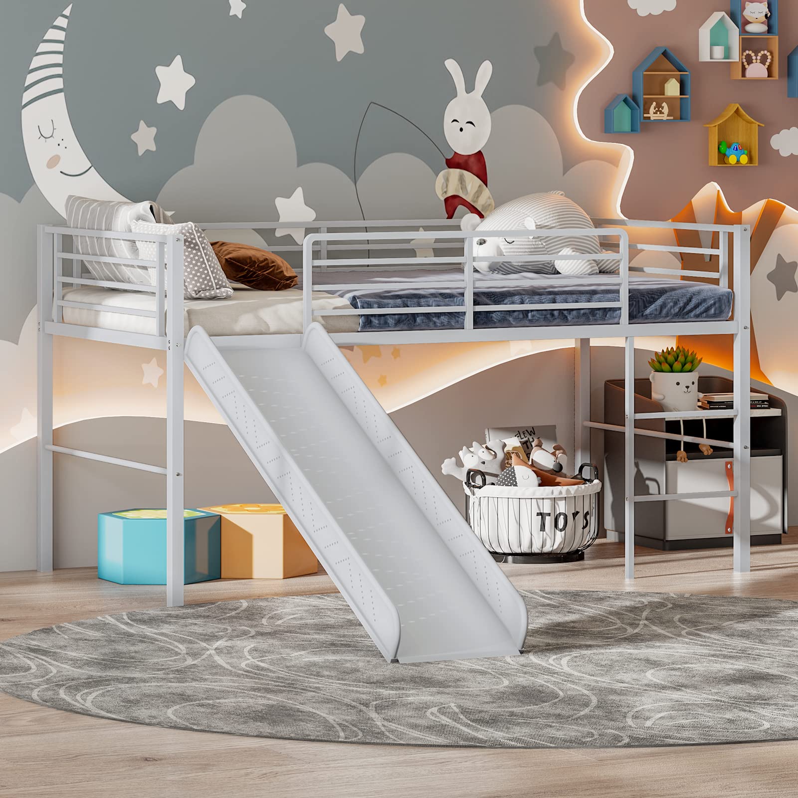 COSTWAY Kids Mid Sleeper Bed, Children Loft Beds with Slide, Stairs and Safety Guardrails, Metal Sin