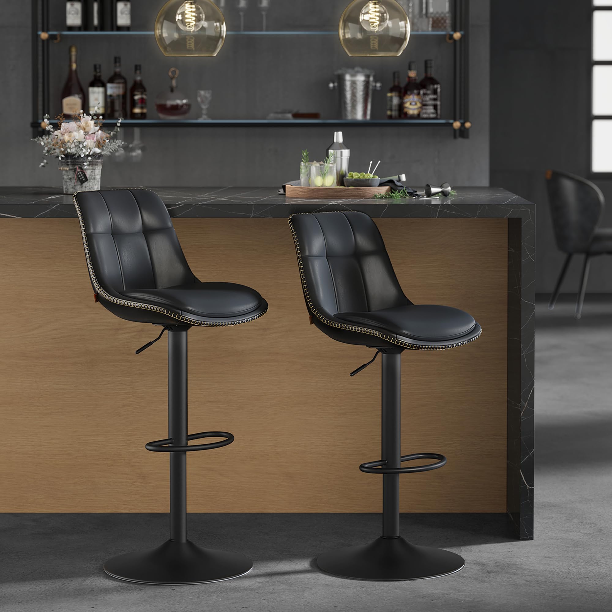 VASAGLE Bar Stools Set of 2, Height Adjustable Swivel Kitchen Stools, Quilt, Synthetic Leather Bar Chairs with Back and 