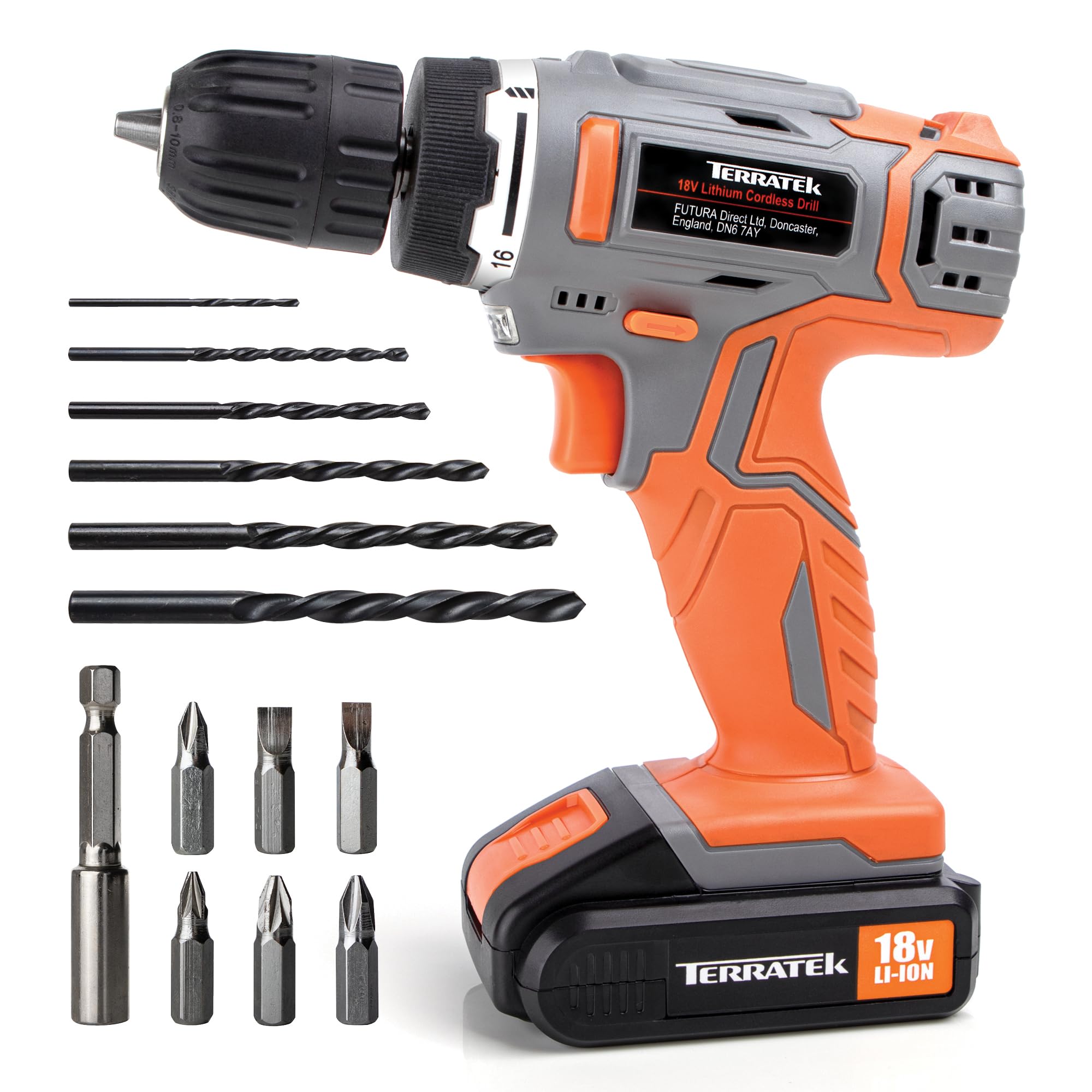 Terratek Cordless Drill Driver 18V Lithium-Ion, 13Pc Electric Screwdriver Set, LED Work Light, Electric Drill Quick Chan