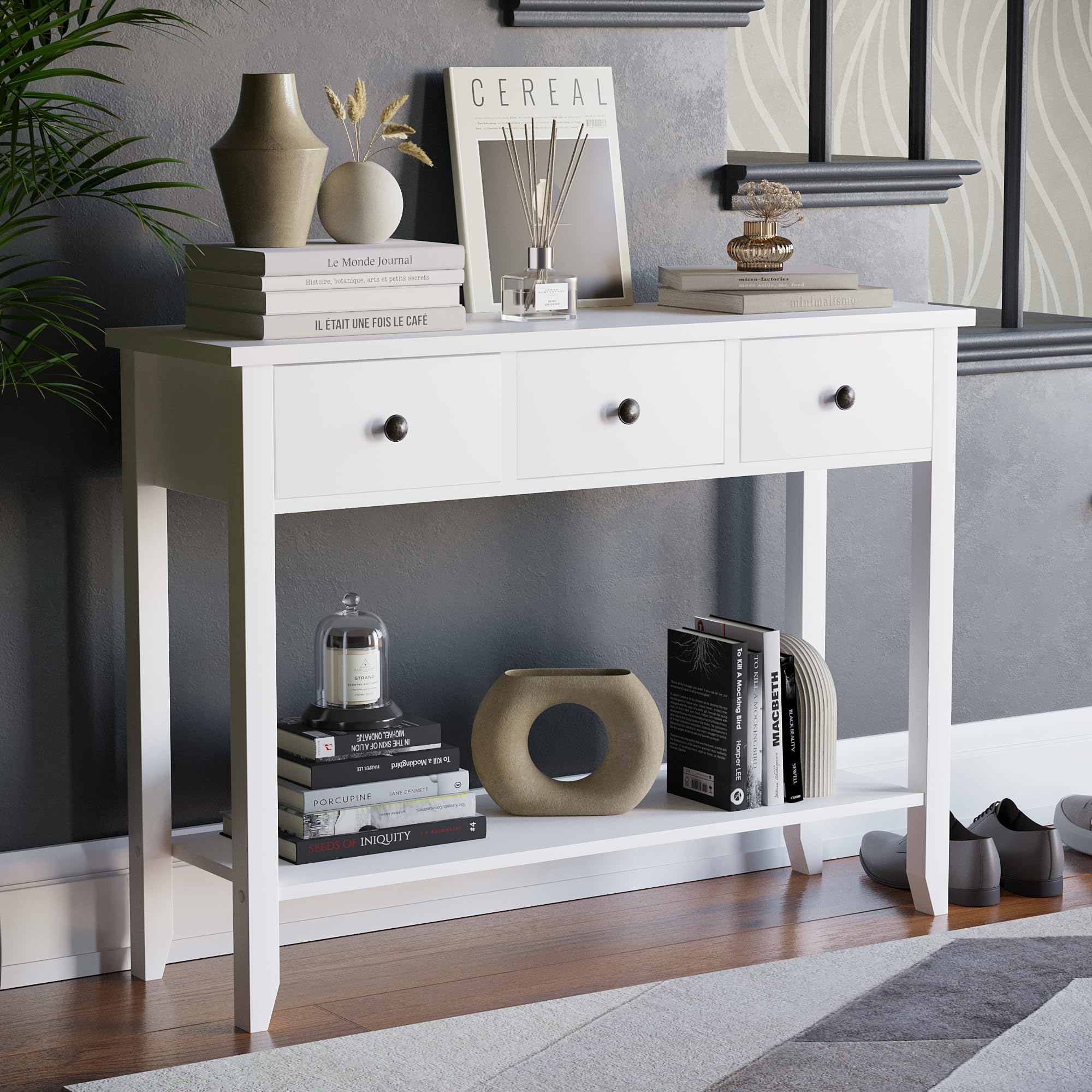 Vida Designs Windsor 3 Drawer Console Table | White | Living Room Furniture | 74H x 100W x 30D cm | with Undershelf | La
