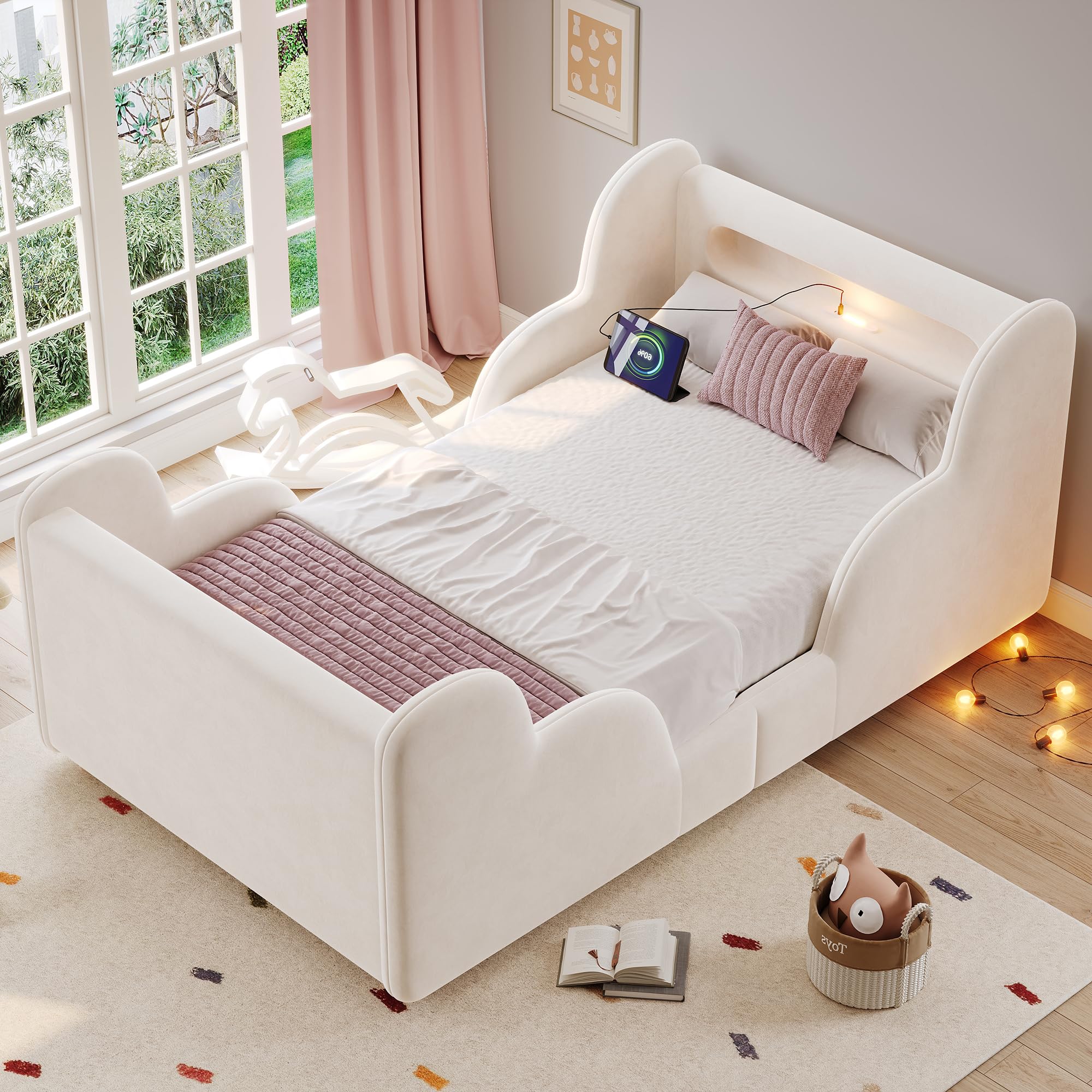 Merax 3ft Toddler Bed with Safety Rails 90 x 190cm Single Bed Frame with LED Headboard, USB Type-C Charging, Upholstered