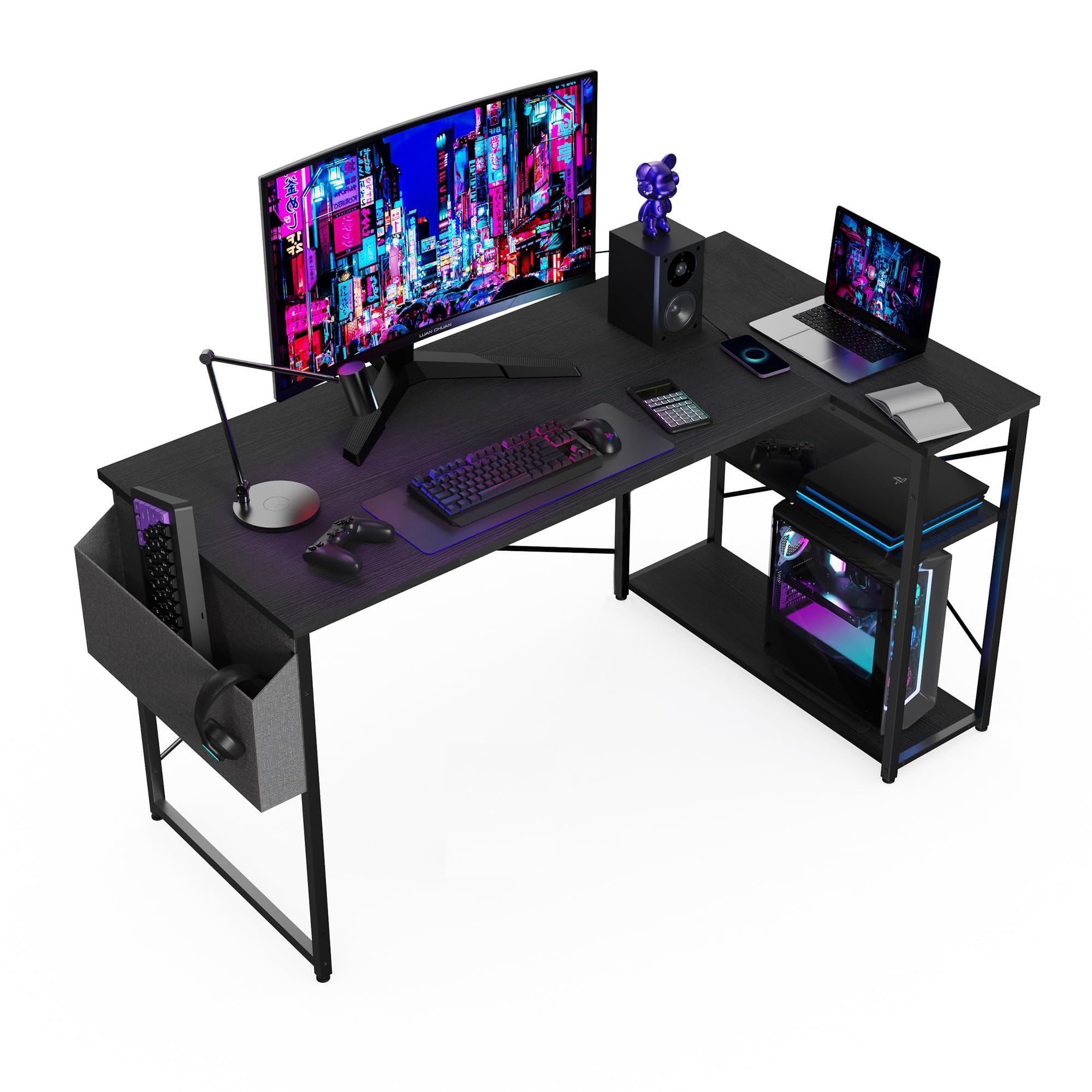 BEXEVUE L Shaped Gaming Desk, 100x70 cm Computer Desk with Storage Bag, Office Desk Small Writing Table with Large Rever