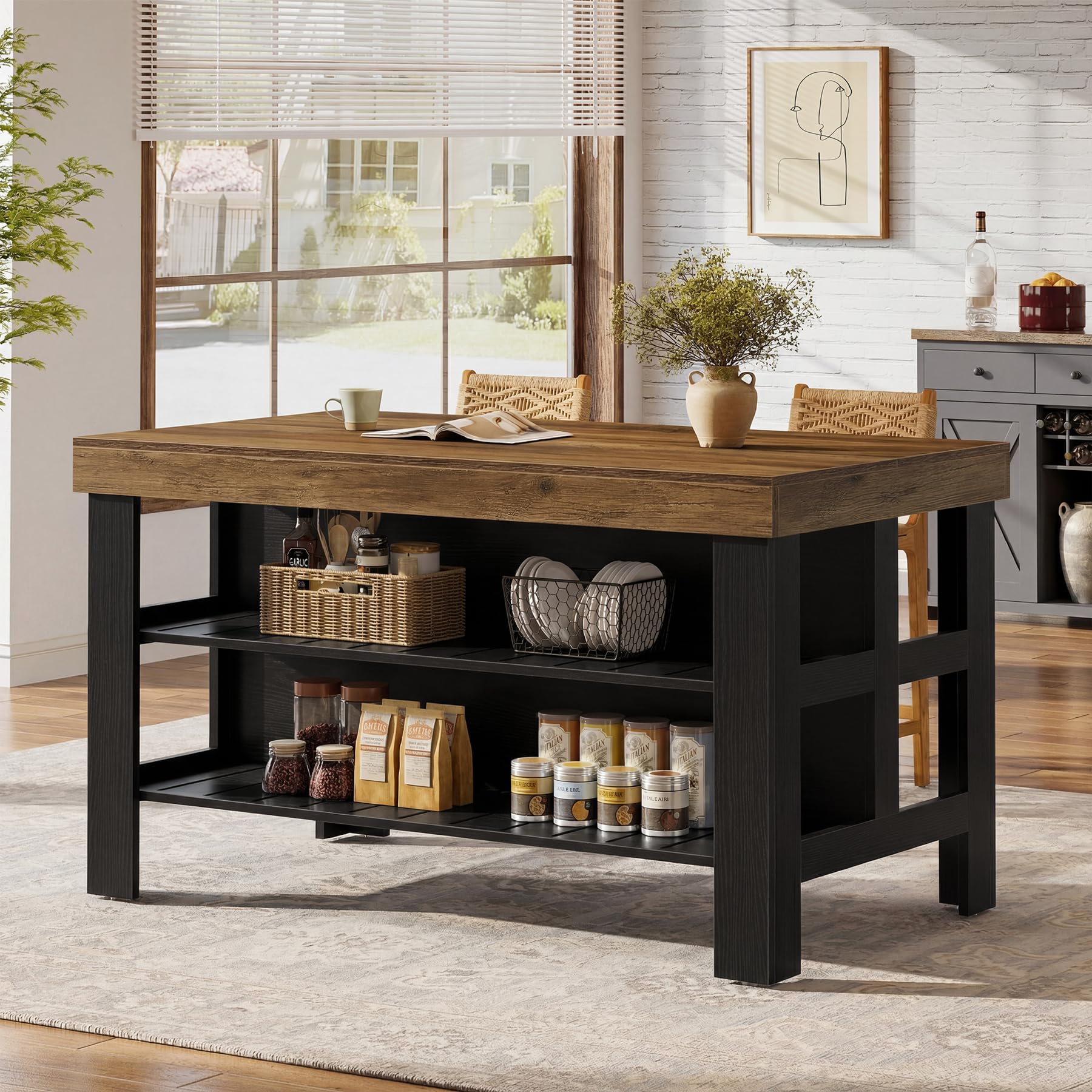 Tribesigns Kitchen Island with Storage and Seating, Farmhouse Large Stationary Wood Island Table for Kitchen Dining Room