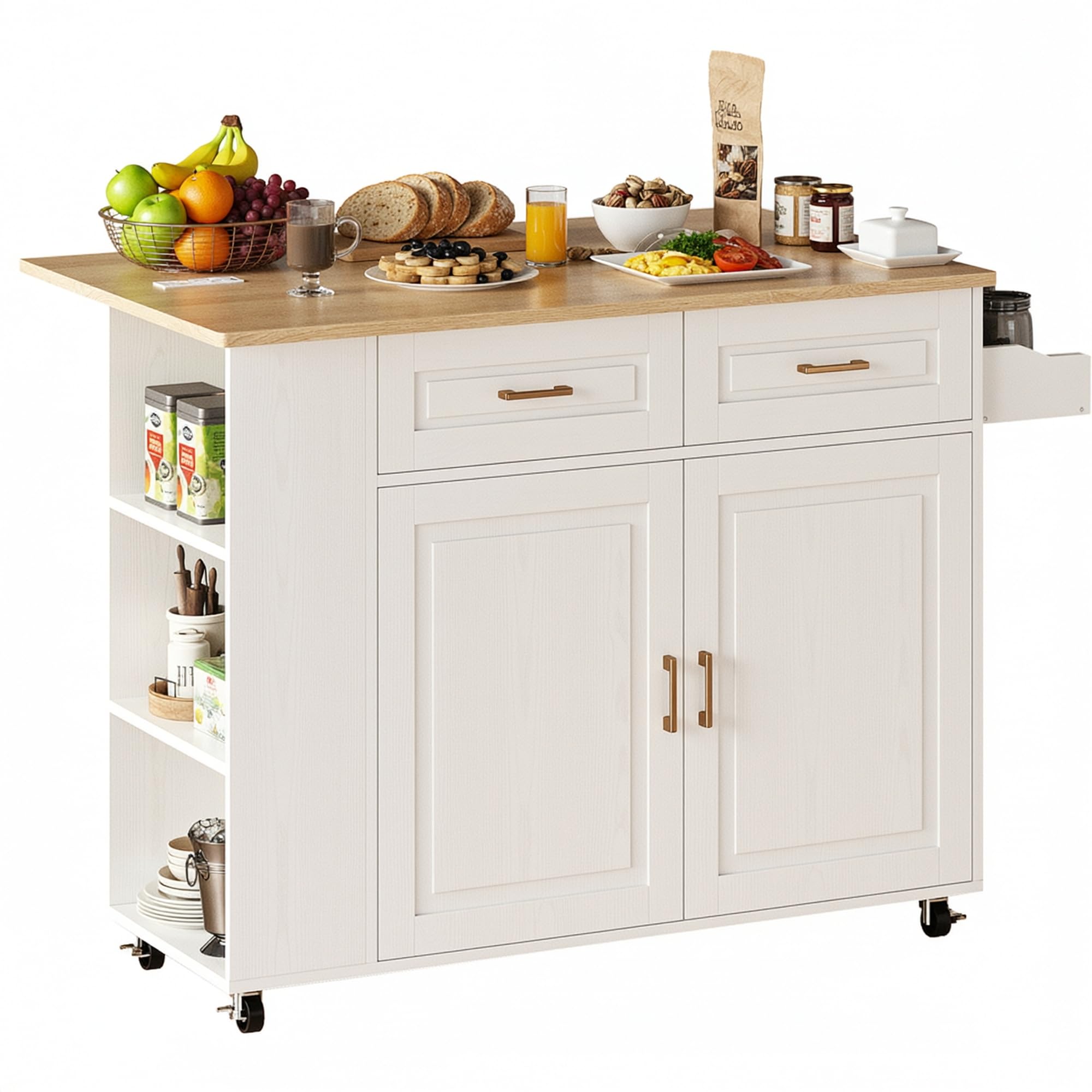 IRONCK Kitchen Island with Power Outlet & Drop Leaf, 47.2" Width Rolling Kitchen Island on Wheels wi