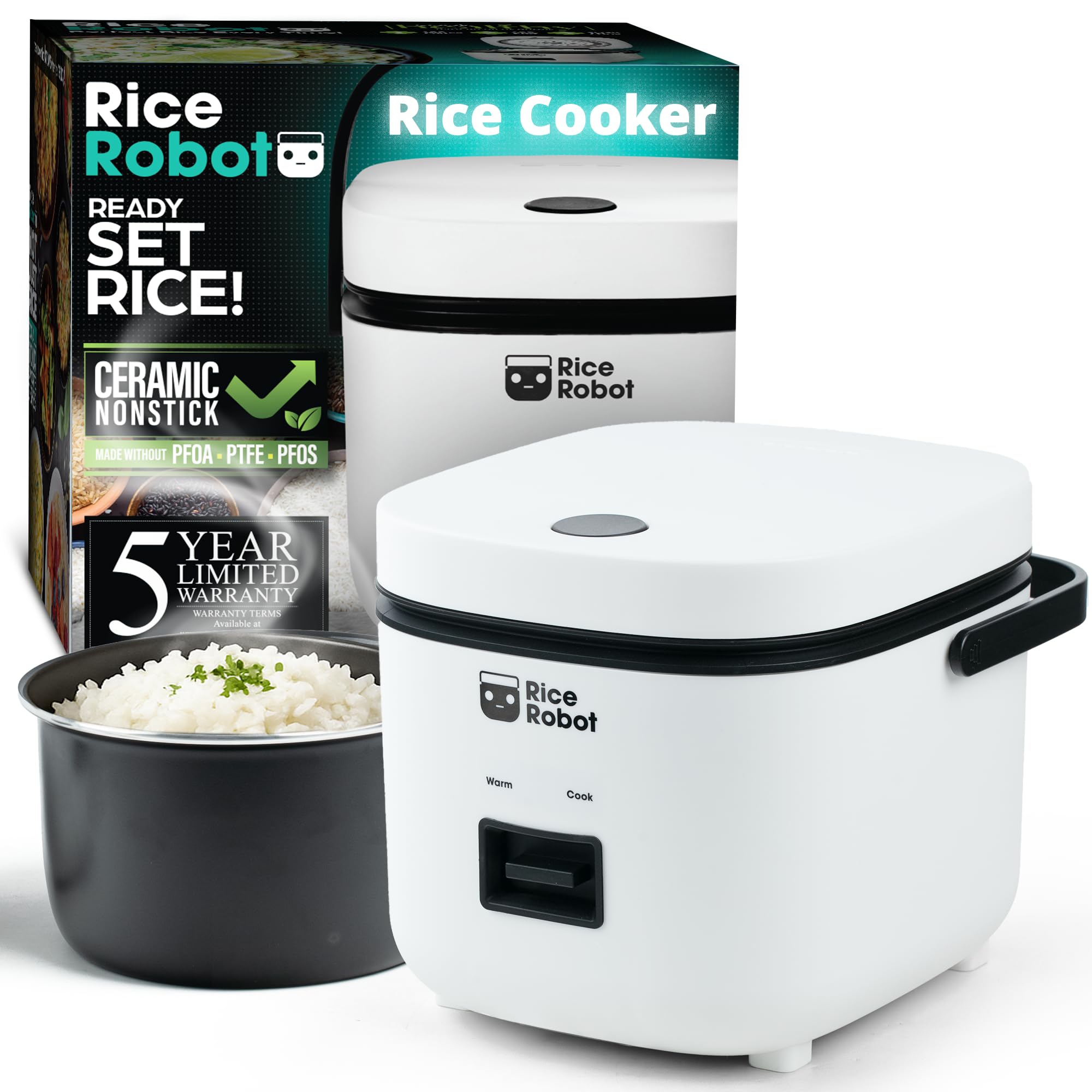 Rice Robot Personal Rice Cooker, PFAS-free, Nonstick. 1 Quart Capacity, with Stainless Steel Steamer Tray, Measuring Cup