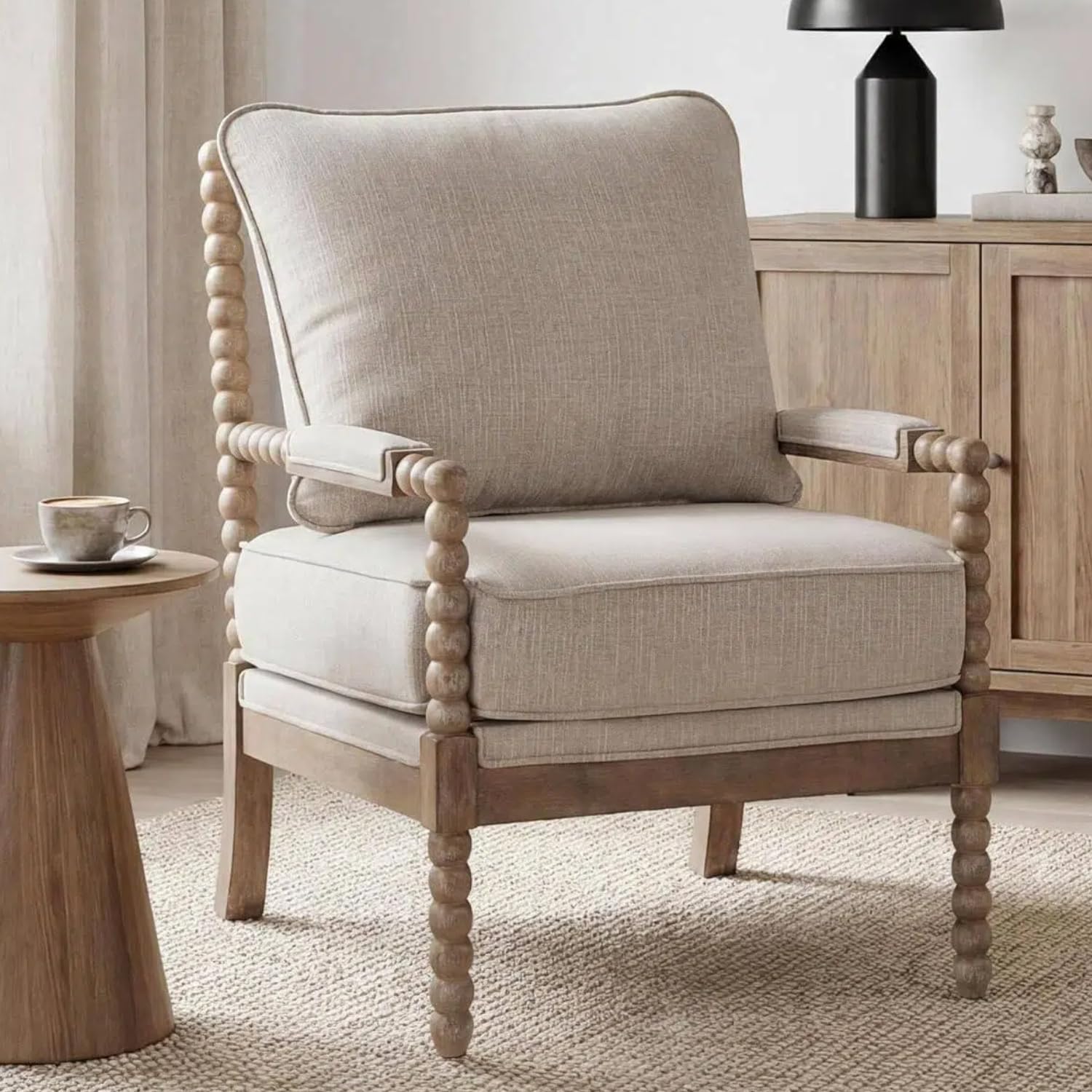 DUHOME Linen Fabric Spindle Accent Chair with Wood Frame,Modern Accent Chairs with Padded Spring Seat and Brushed White 