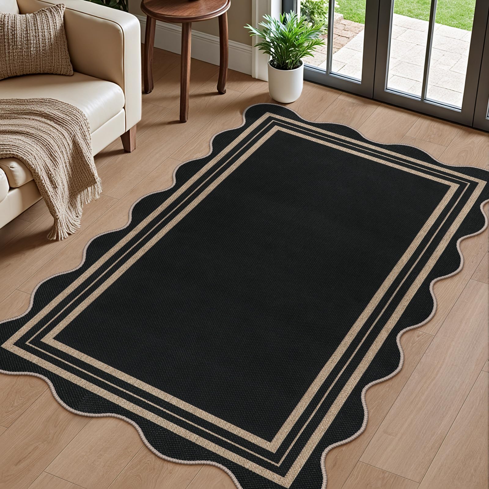 Scalloped Easy Jute 3x5 Outdoor Rug, Washable Rugs for Entryway Black Front Door Mat, Farmhouse Neutral Non Slip Indoor