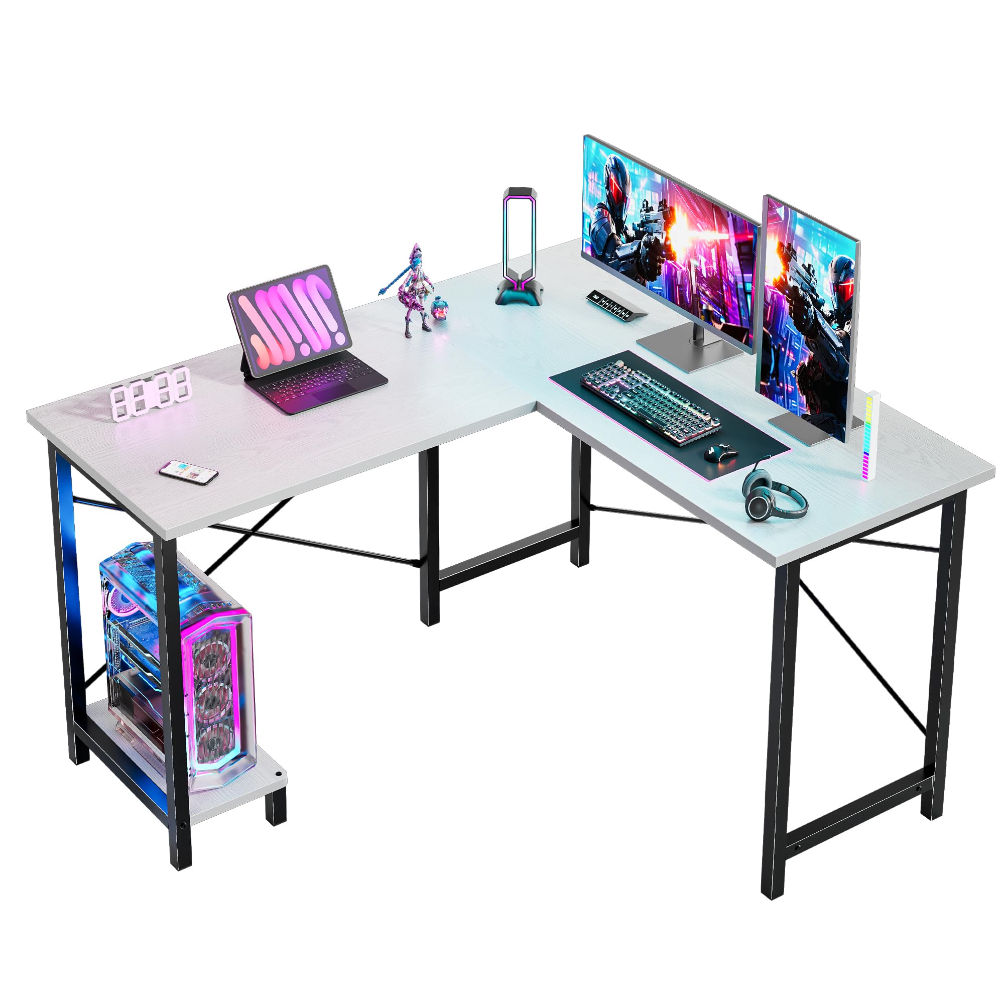 DUMOS L Shaped Desk, Computer Gaming Desks Corner Office Table with CPU Shelf for Home Study Writing