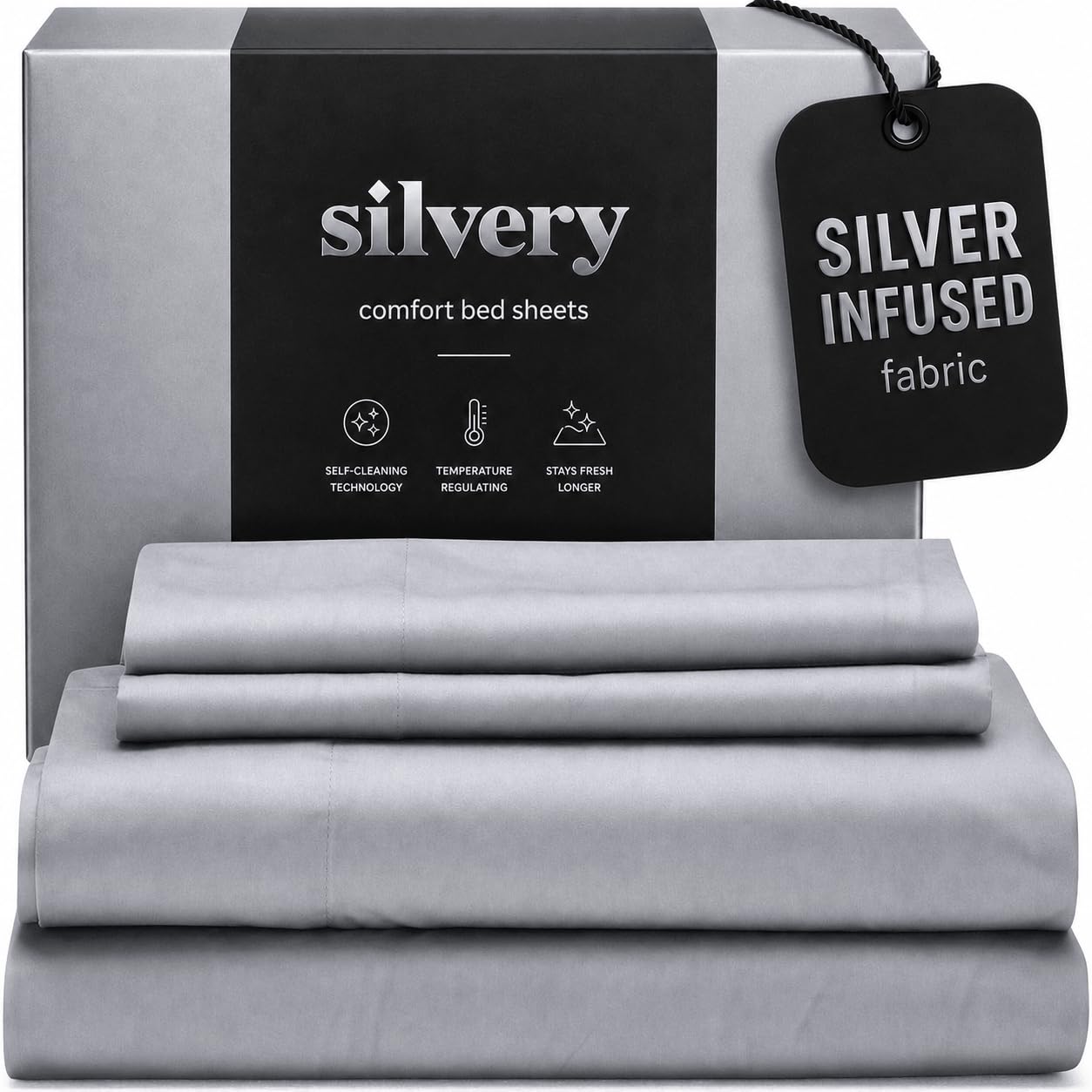 Silvery Silver Infused Bed Sheets Set - Ultra-Soft Temperature-Regulating Fabric with Self-Cleaning Technology™ that Sta