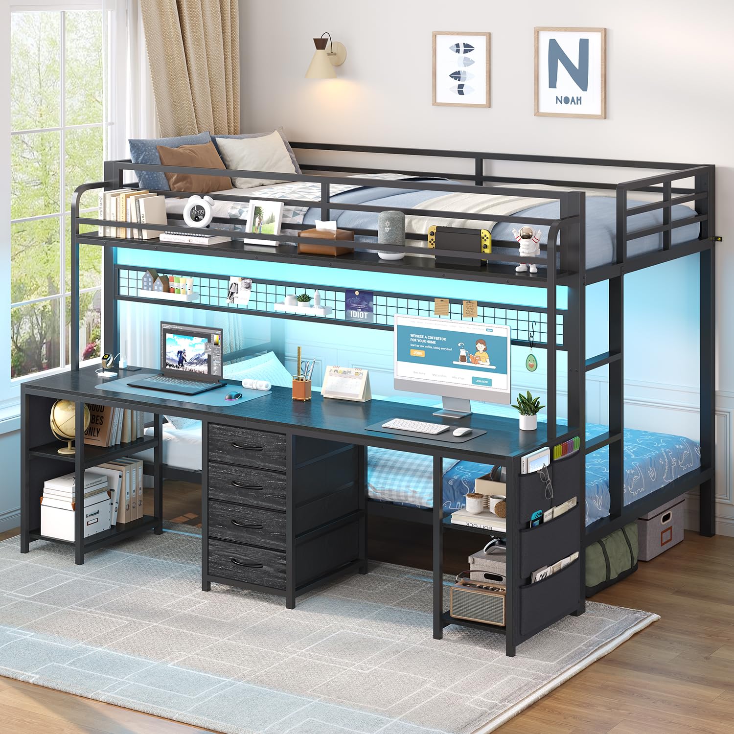 ADORNEVE Bunk Bed Twin Over Twin with 2 Person Desk, LED Lights Twin Bunk Bed with 4 Drawers,Storage