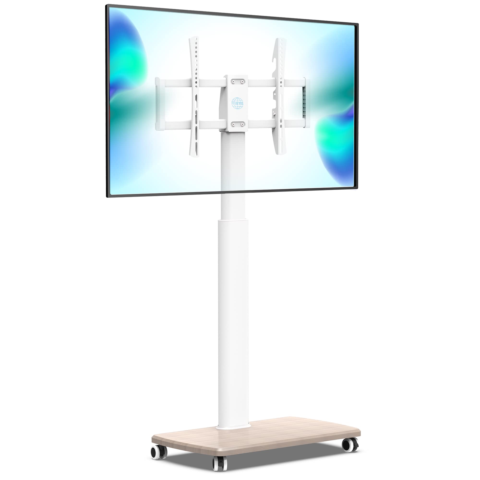 حامل تلفاز أرضي بعجلات أبيض من فيت يو ايز لشاشات LCD وLED بقياس 32 إلى 70 بوصة، حامل تلفاز متحرك بزاوية دوران 60 درجة مع