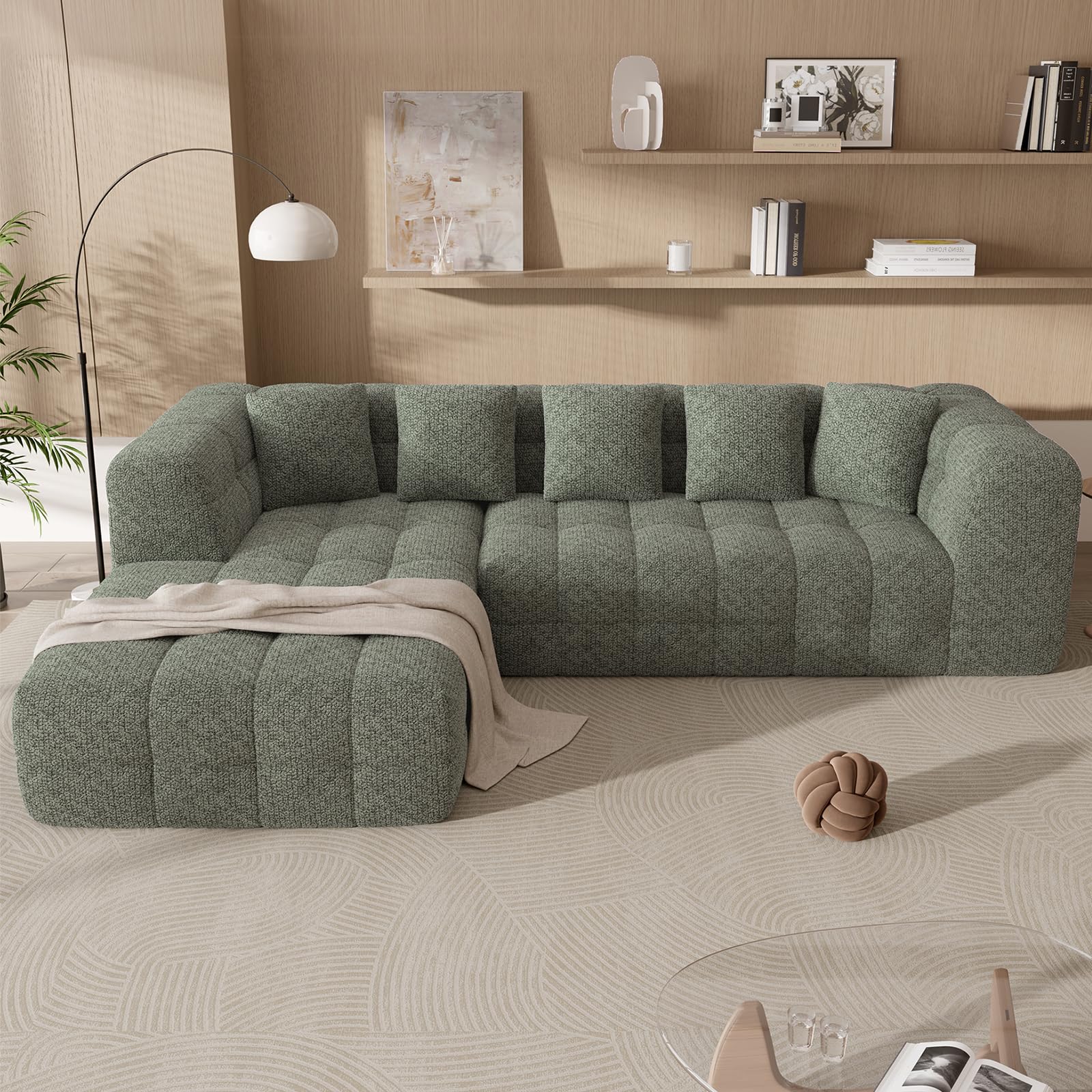 Modern L-Shaped Modular Sofa, 270cm Chenille Fabric with Chaise, Tufted Deep Seat Design, No Assembly Needed, Green Sect