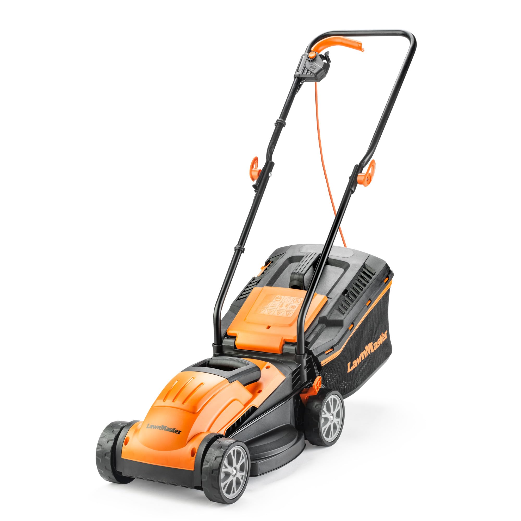LawnMaster 1200W Electric Lawn Mower with 32cm cutting width, ideal for small lawns. With 5 adjustable cutting heights a
