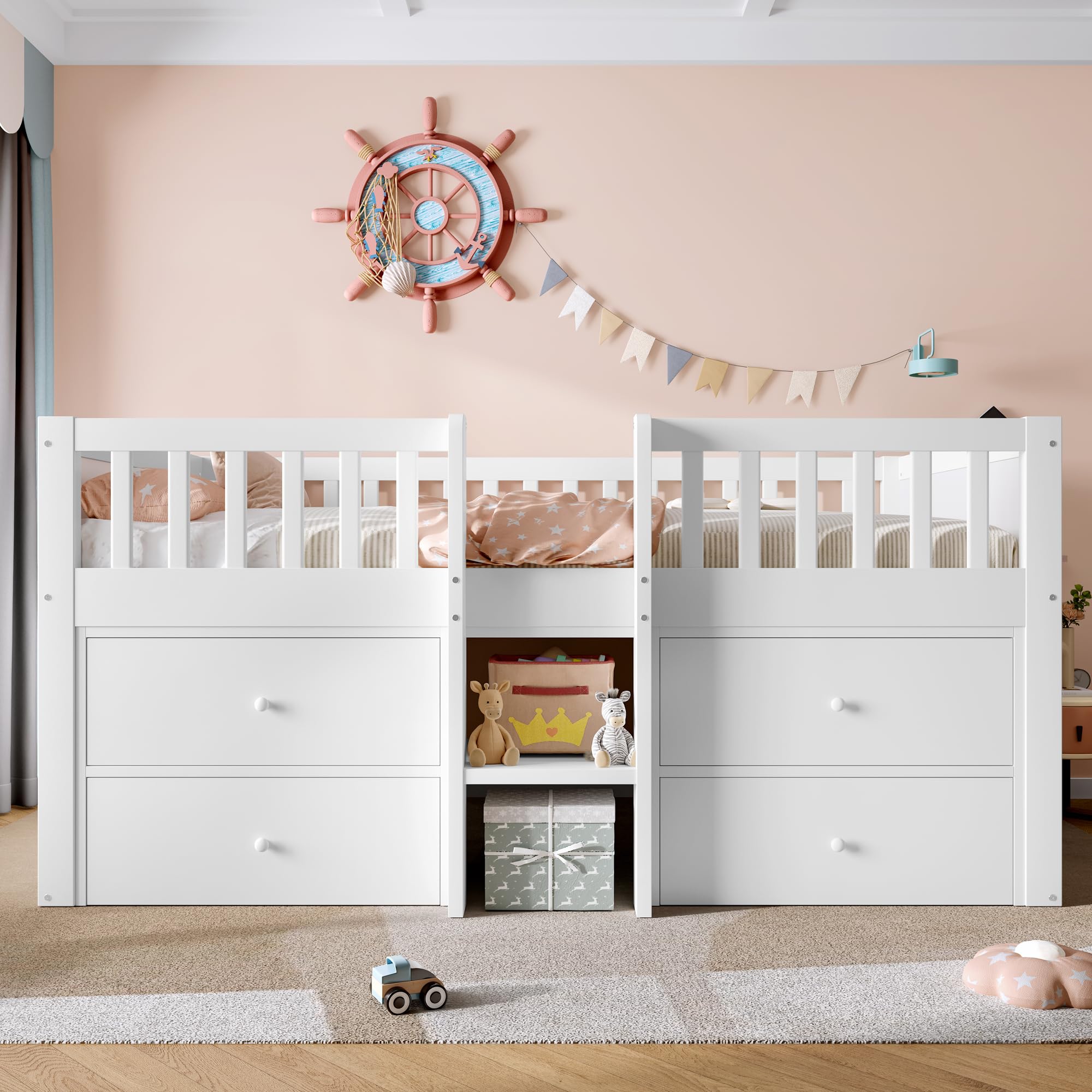 Low Loft Bed with Storage, Solid Wood Bed Frame with 4 Large Drawers, 3ft Single Wooden Storage Beds