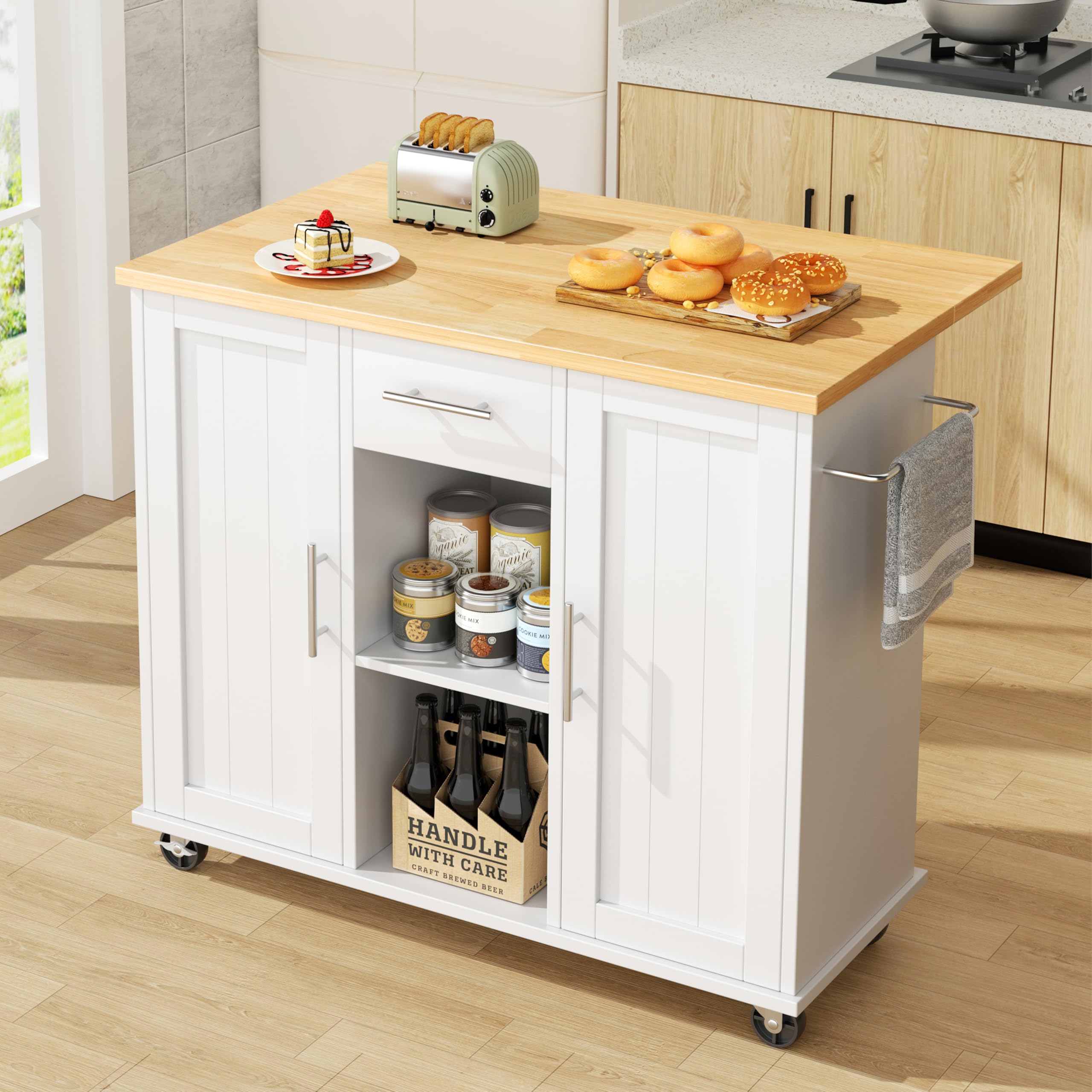 JY QAQA 42" Rolling Kitchen Island Cart with Storage, Drop Leaf Countertop, Drawers & Towel Rack, Mo
