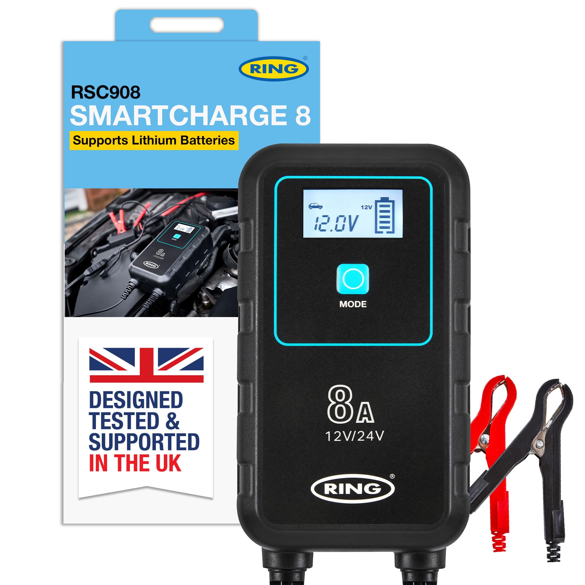 RING SMARTCHARGE 8A Car Charger & Maintainer With Crocodile Clips & Built-In Hanging Hook - Compatible With Lithium Ion,