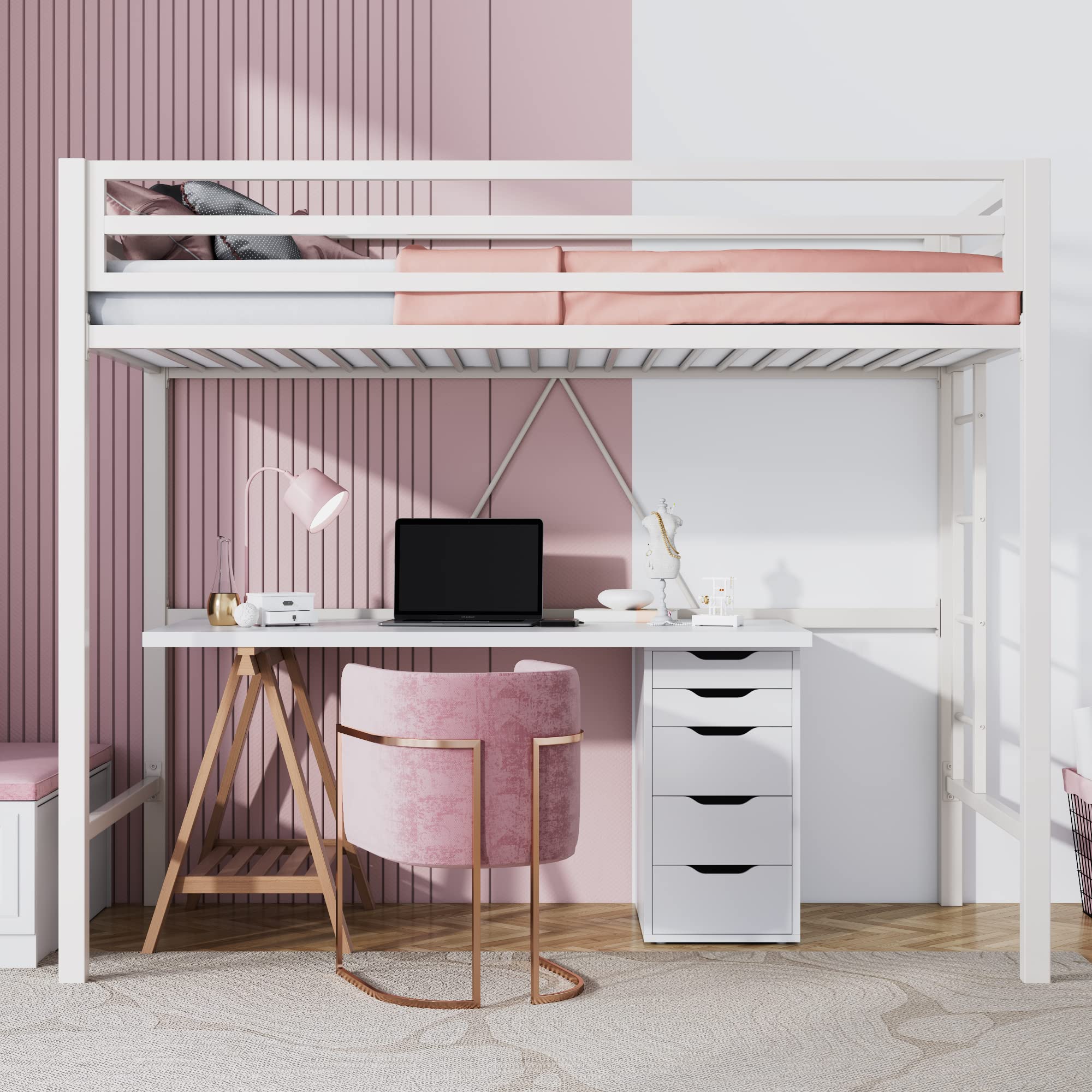 SHA CERLIN Loft Bed Twin Size with Ladder and Guardrail,Heavy Duty Metal Slats Support No Box Spring