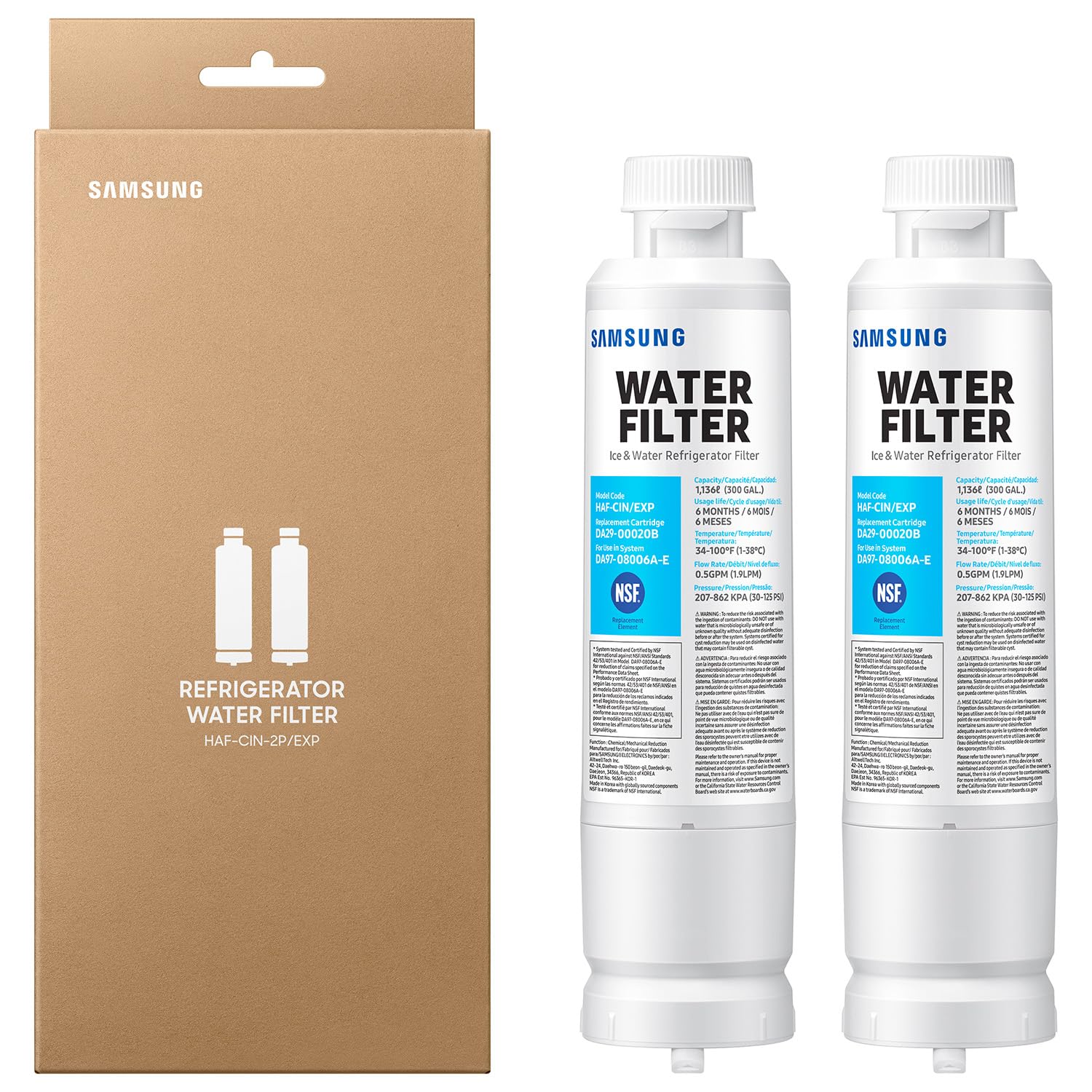 Samsung HAF-CIN-2P/EXP Genuine Refrigerator Water Filter, Reduces 99% of Harmful Contaminants for Clean, Clear Drinking