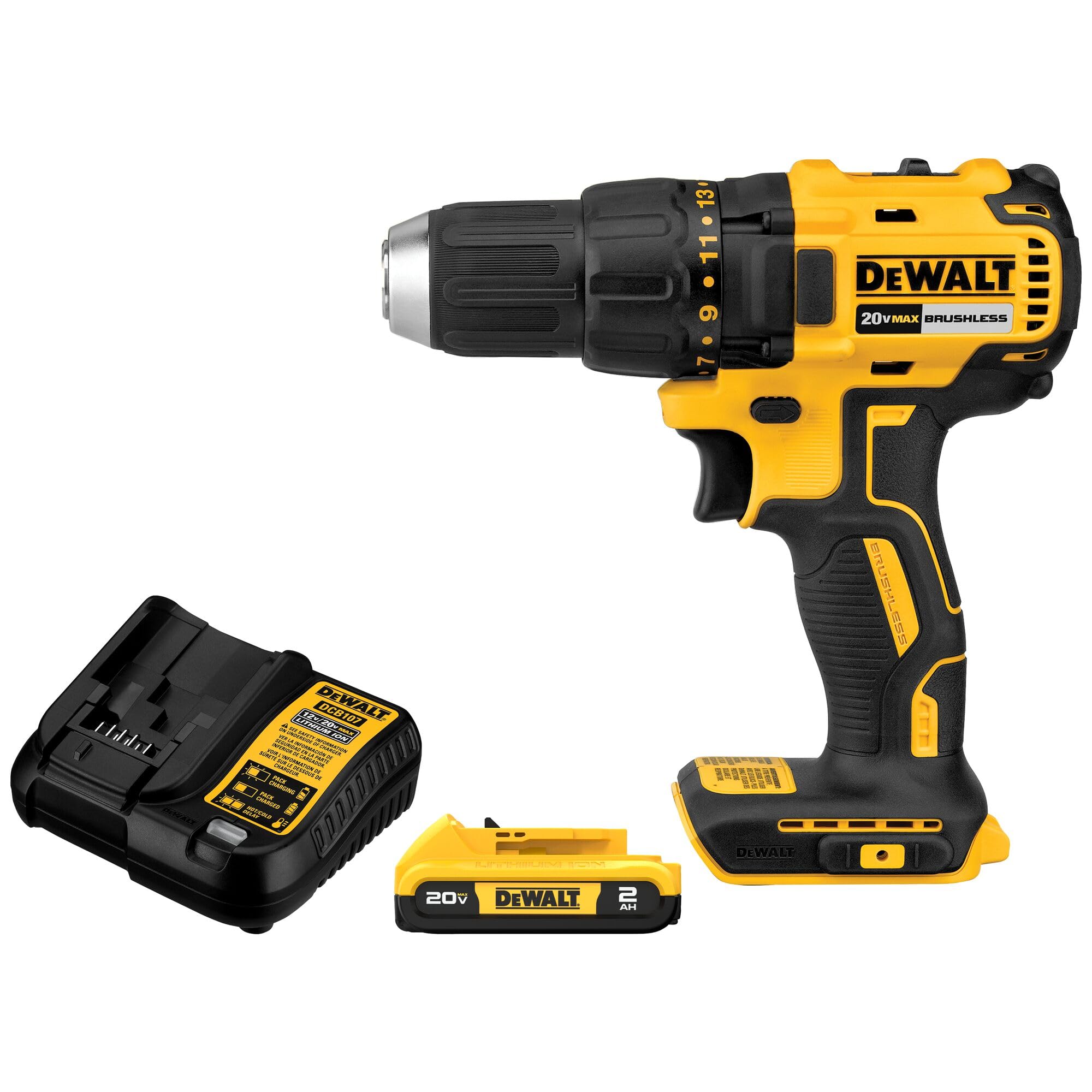 DEWALT 20V MAX Cordless Drill Driver Set, Electric Drill, Brushless 1/2 In 2 Speed, 2.0 Ah Battery a