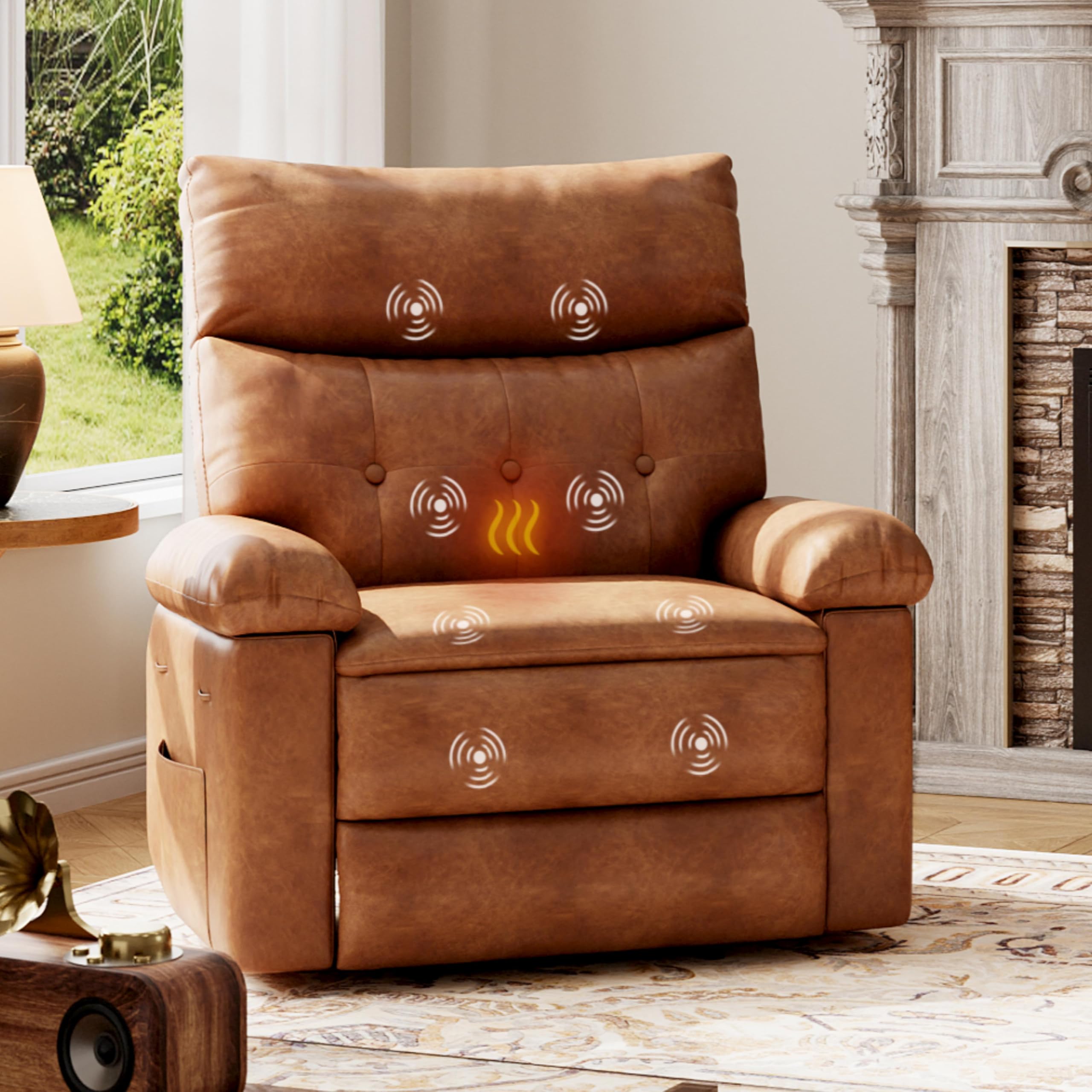 GarveeHome Leather Recliner Chair - Heat and Massage, Swivel Rocker Manual Recliner for Adults, Lazy