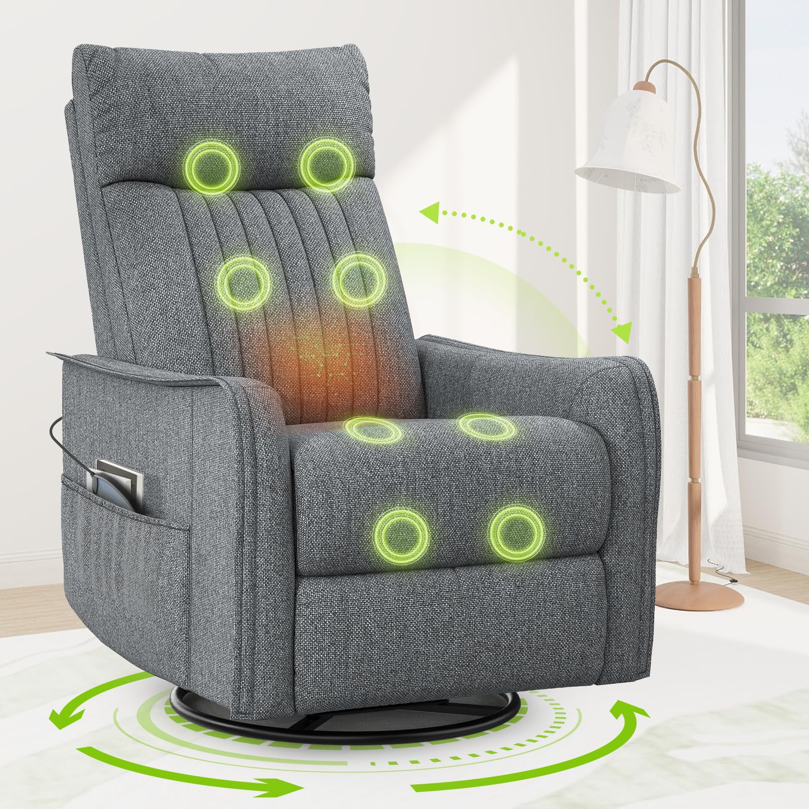 Recliner Armchairs 3-In-1 Recliner sofa with Massage & Heat, 360° Swivel Rocking Chair with Padded C
