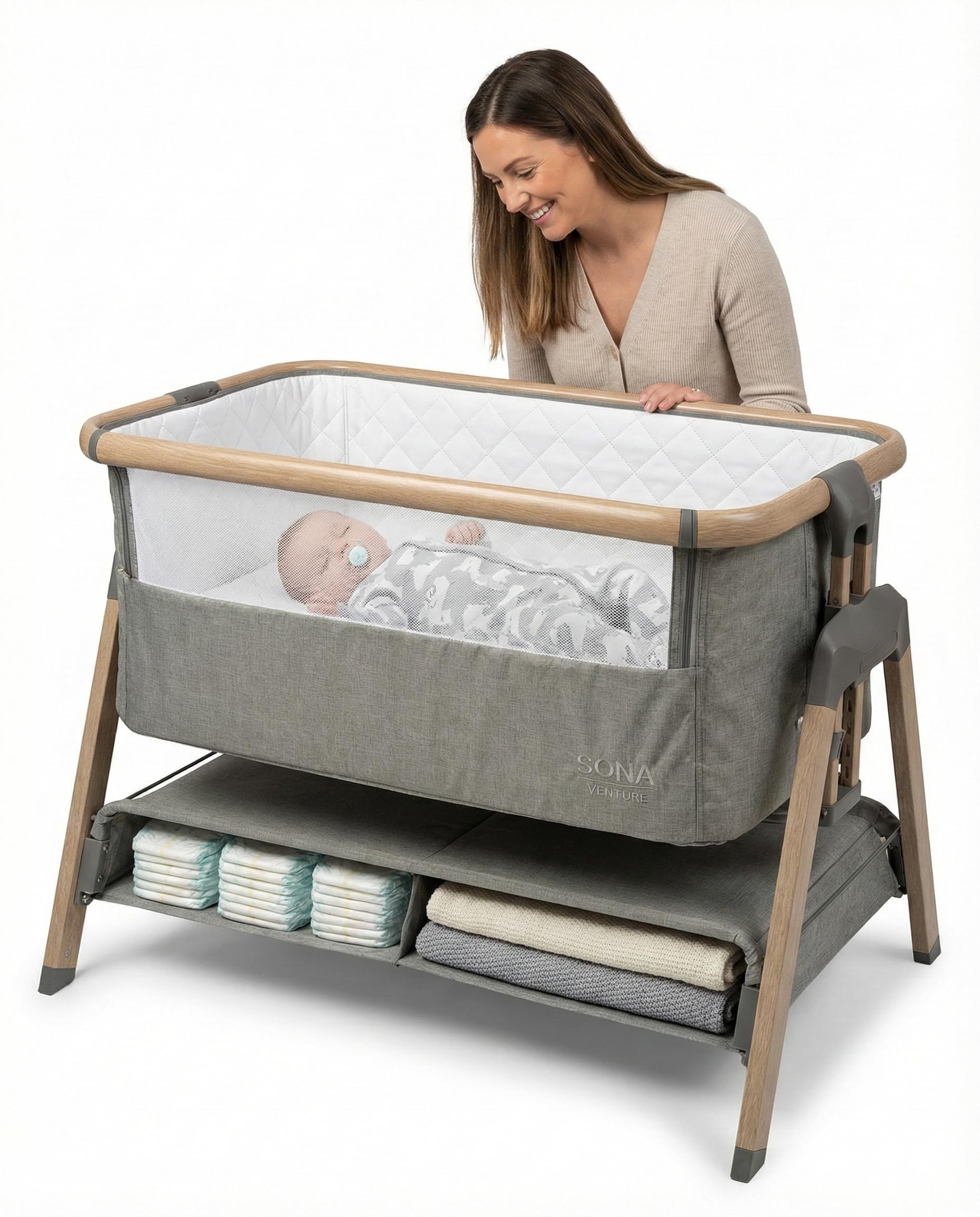 Venture Sona Next To Me Crib – Adjustable Baby Bed with Dropside, Premium Mattress, Breathable Mesh & Storage Shelf - No
