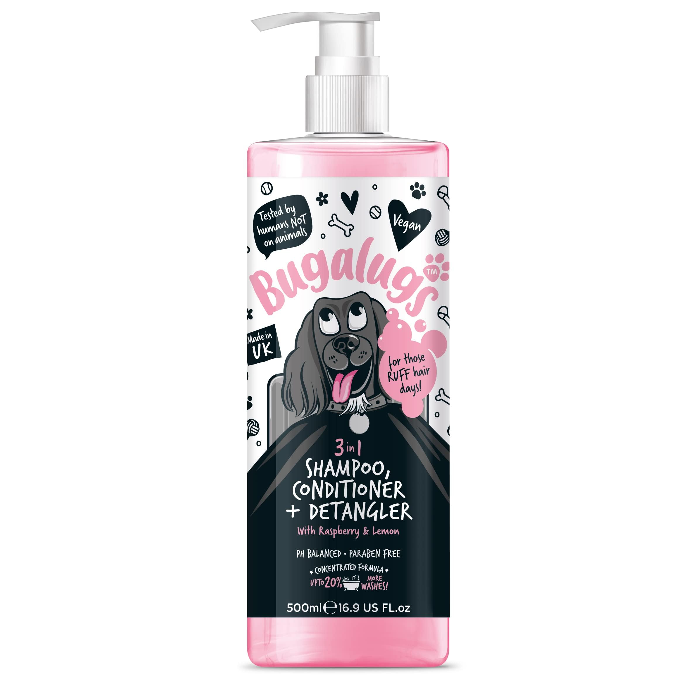 BUGALUGS 3-in-1 Dog Shampoo, Conditioner & Detangler – Raspberry & Lemon Scented Grooming for Smelly Dogs, Puppy Coat Ca