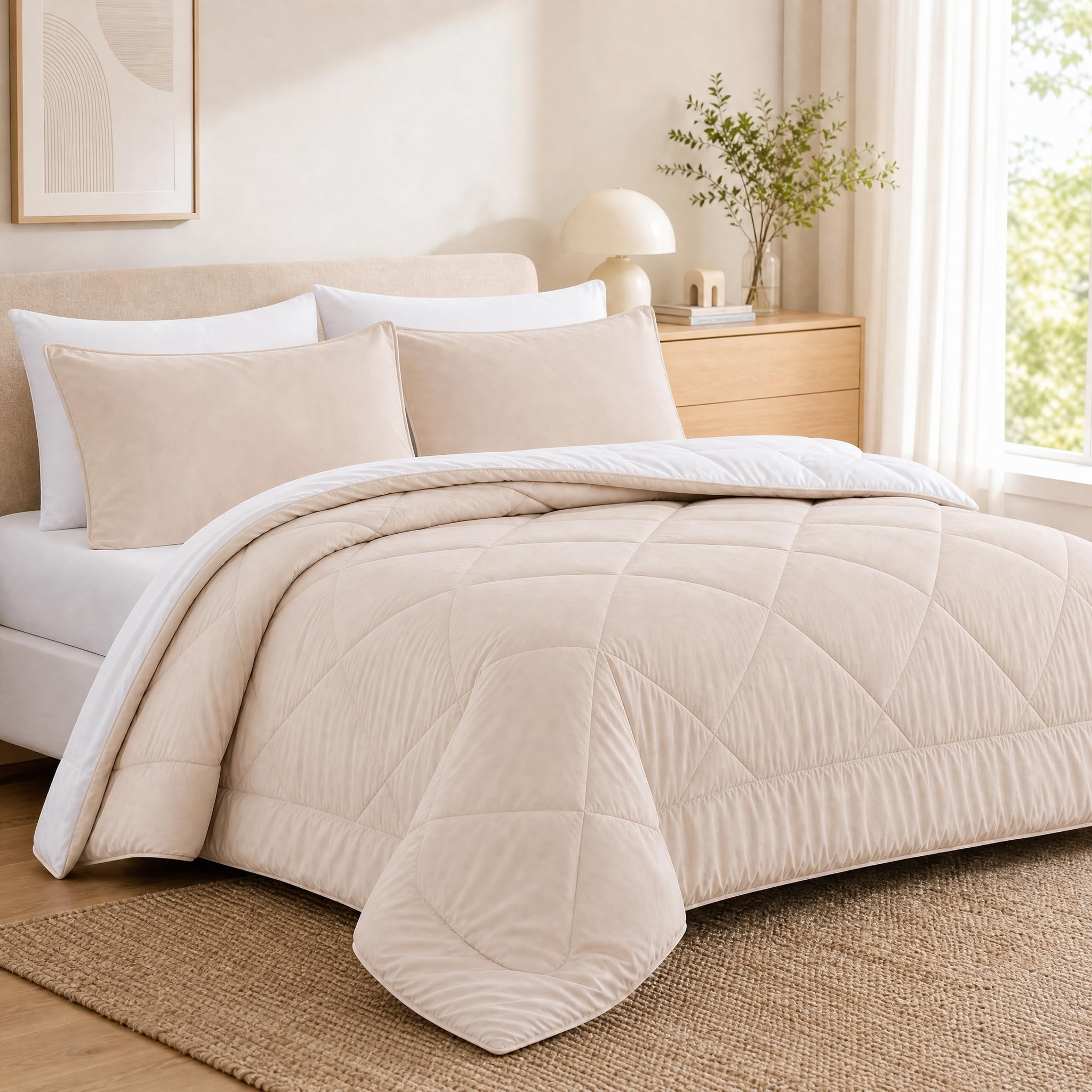 Coverless Duvet Double 10.5 Tog - 200x 200cm, Beige Cosy and Lightweight Quilt, Reversible Comforter with 2 Pillowcases,