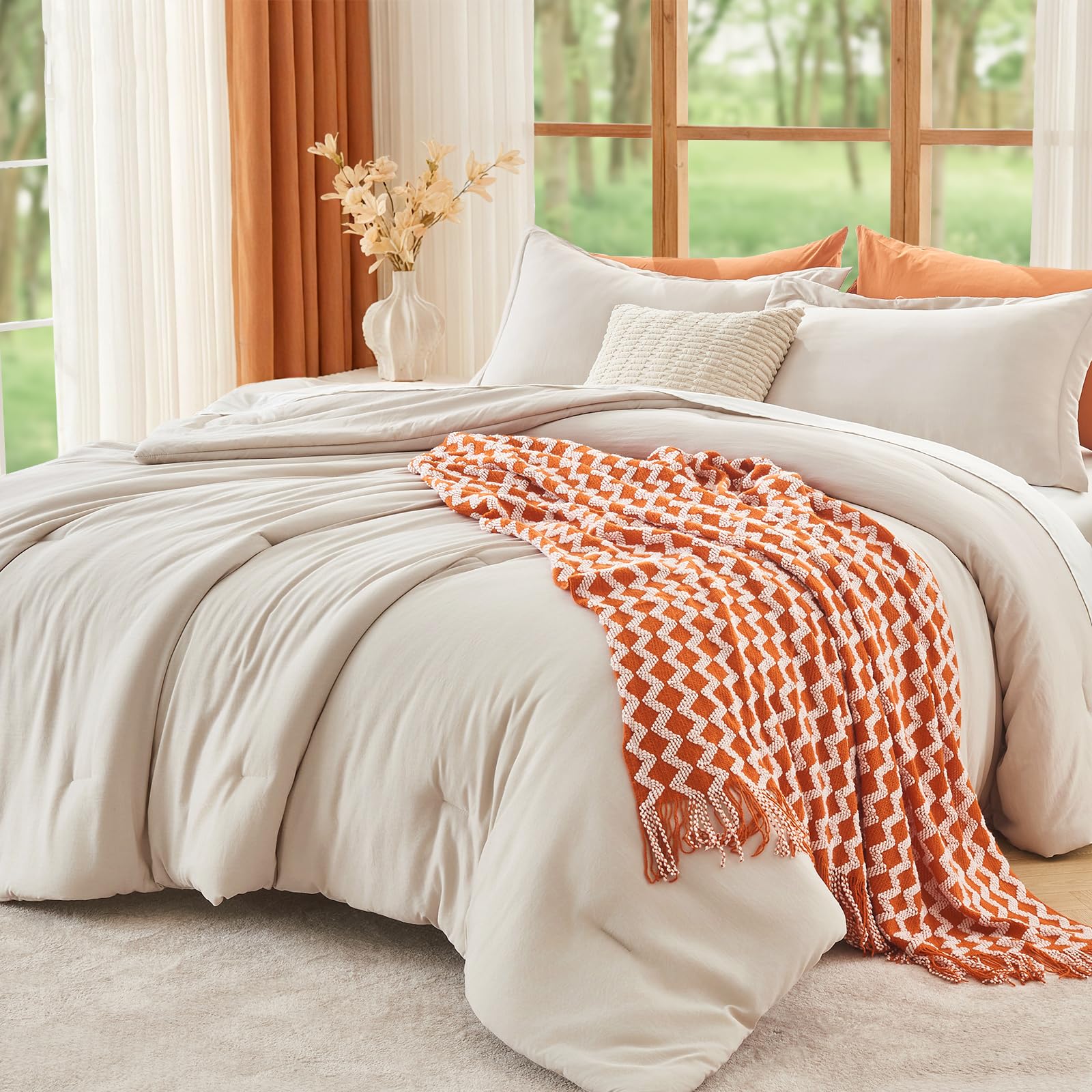 MUXHOMO Queen Size Comforter Set Beige, 3 Piece Solid Bedding for All Seasons, Warm Down Alternative Bed Set Includes 1