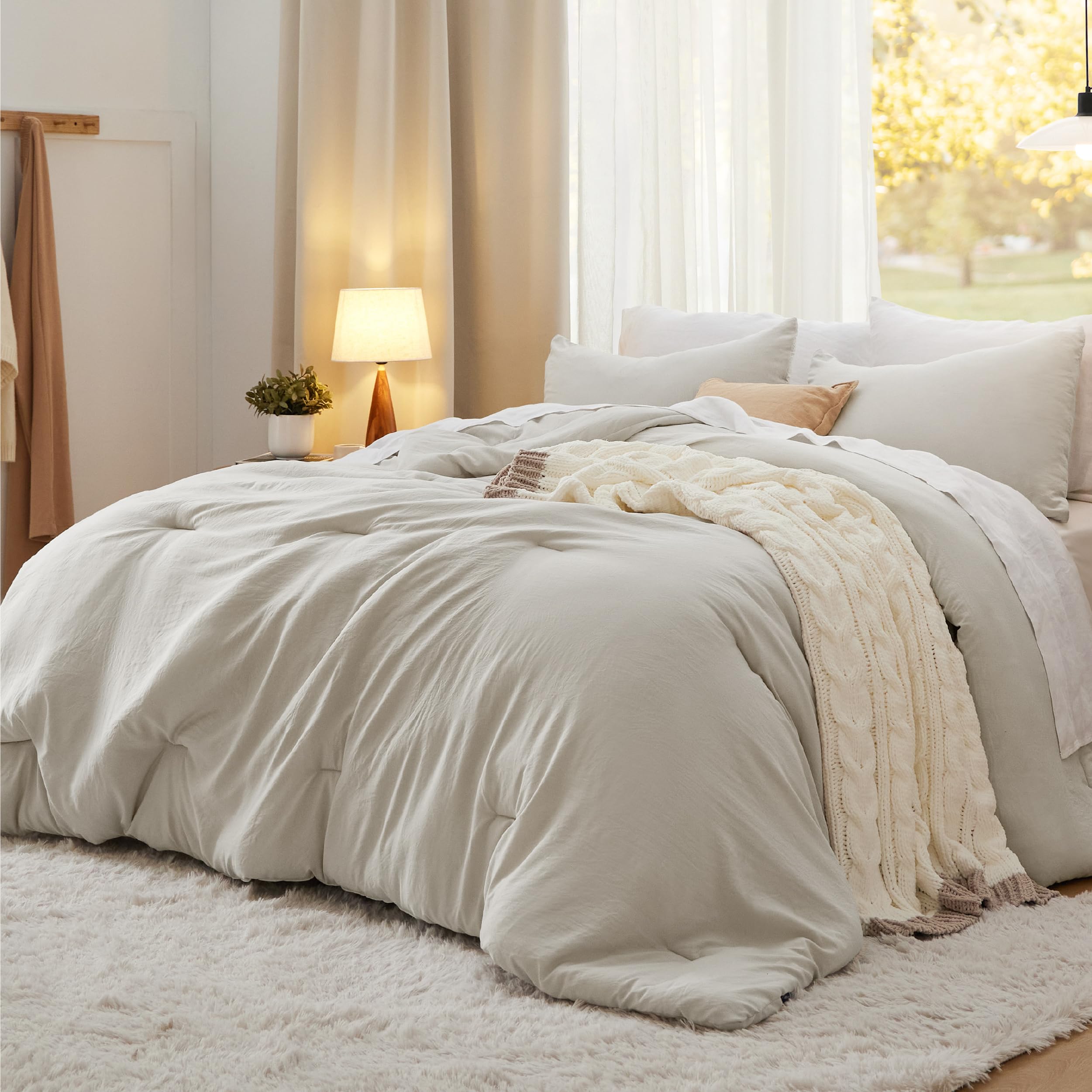 Bedsure Queen Comforter Set, Beige Soft Prewashed Bedding for All Seasons, 3 Pieces GentleSoft™ Bed Set, 1 Lightweight C